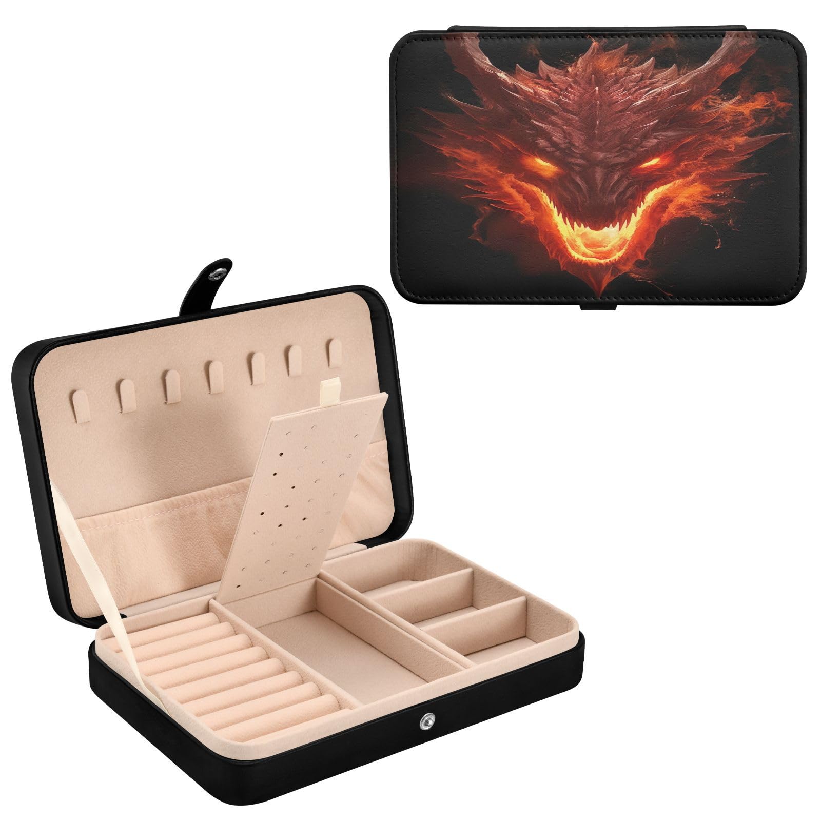 Haskirky Burning Dragon Jewelry Box Portable PU Leather Travel Jewelry Organize for Women Jewelry Storage Display Holder for Ring, Necklace, Earring