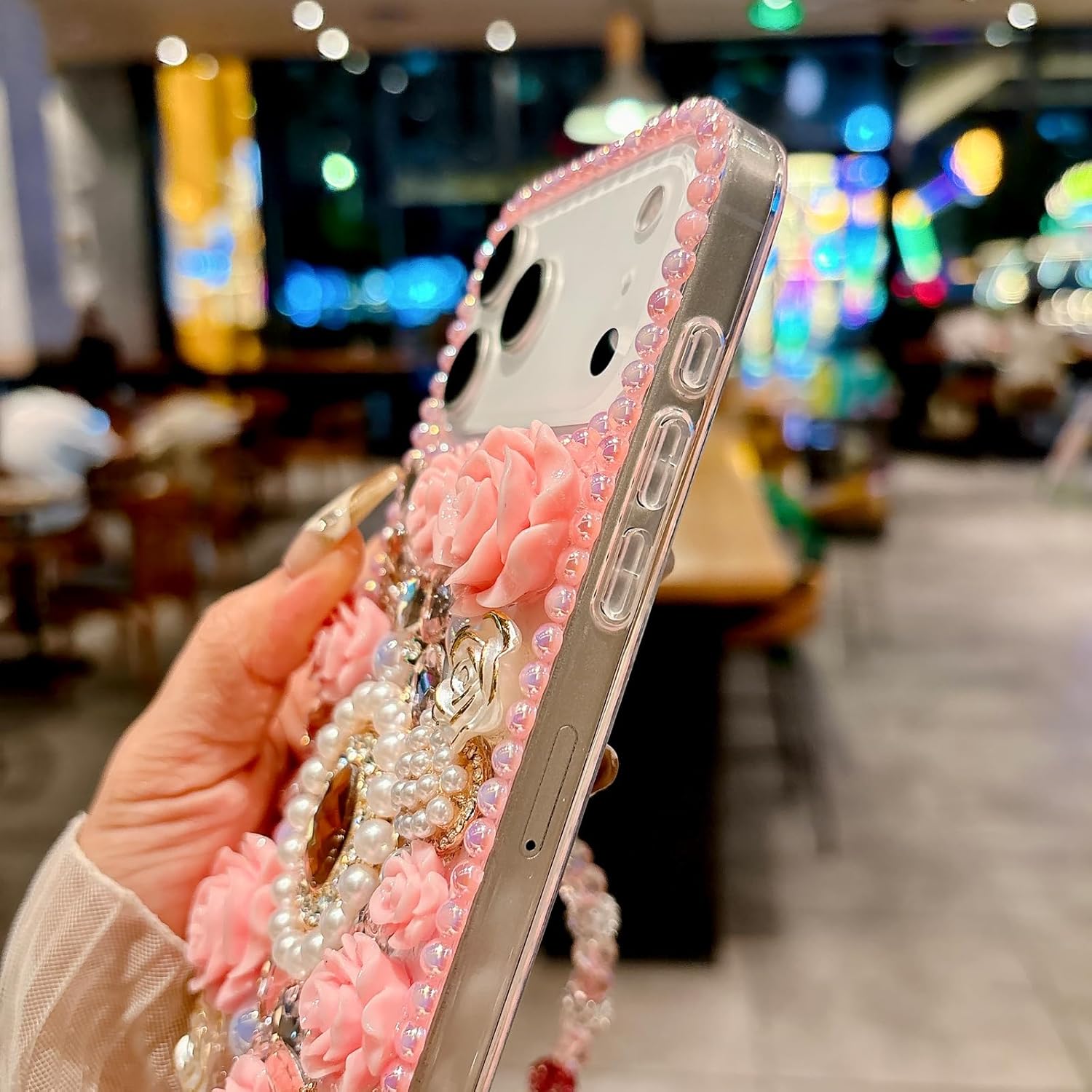 for iPhone 17 Pro Max Glitter Bling Case,Cute Luxury 3D Sparkle Queen Crystal Rhinestone Flowers Diamond Pearl Gems with Lanyard Wrist Strap Women Girls Phone Case for iPhone 17 Pro Max,White - Image 6