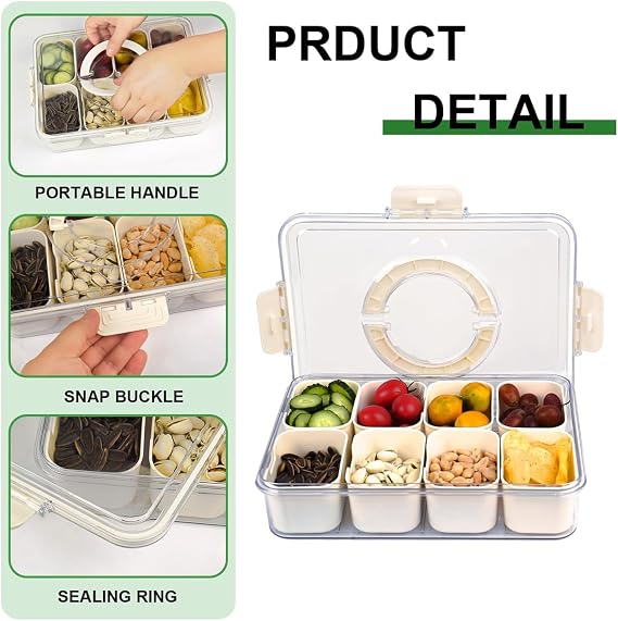 Divided Serving Tray with Lid & Handle,Snack Box with 8 Removable Compartments Portable Food Storage Container Snack Platters, Reusable Clear Organier for Veggie, Candy, Fruit,Nut