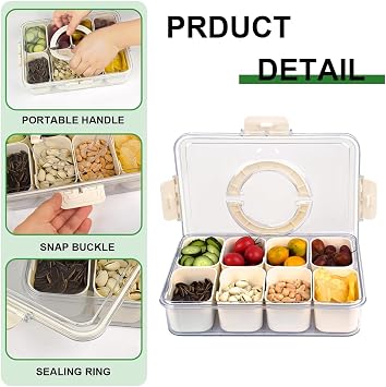 Divided Serving Tray with Lid & Handle,Snack Box with 8 Removable Compartments Portable Food Storage Container Snack Platters, Reusable Clear Organier for Veggie, Candy, Fruit,Nut
