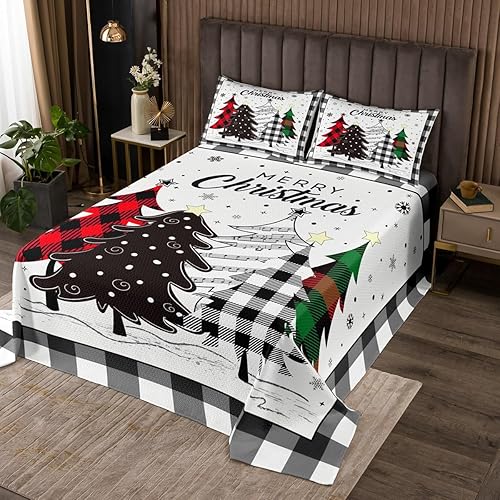 Juego de colcha de árbol de Navidad para niños, niñas, adolescentes, decoración de dormitorio, vintage, negro, blanco, búfalo, acolchado, para