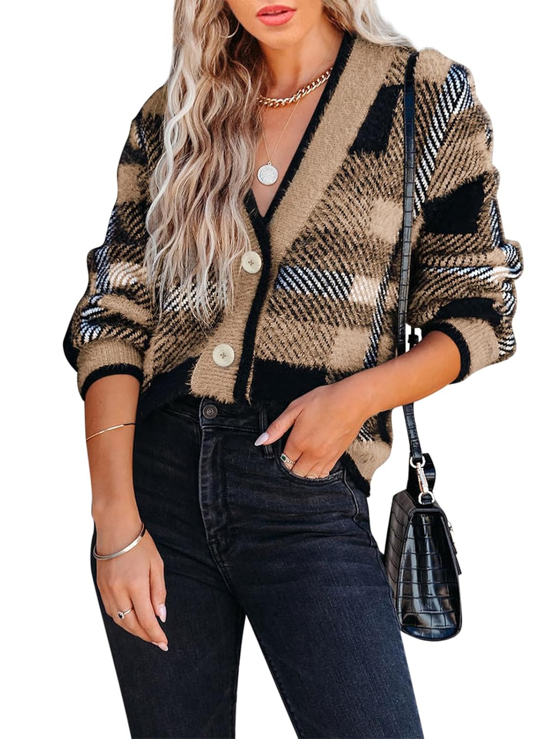 Imily Bela Womens Cardigan Sweaters Plaid Fuzzy Knit V Neck Button Down Long Sleeve Cozy Cardigans Pullover Tops