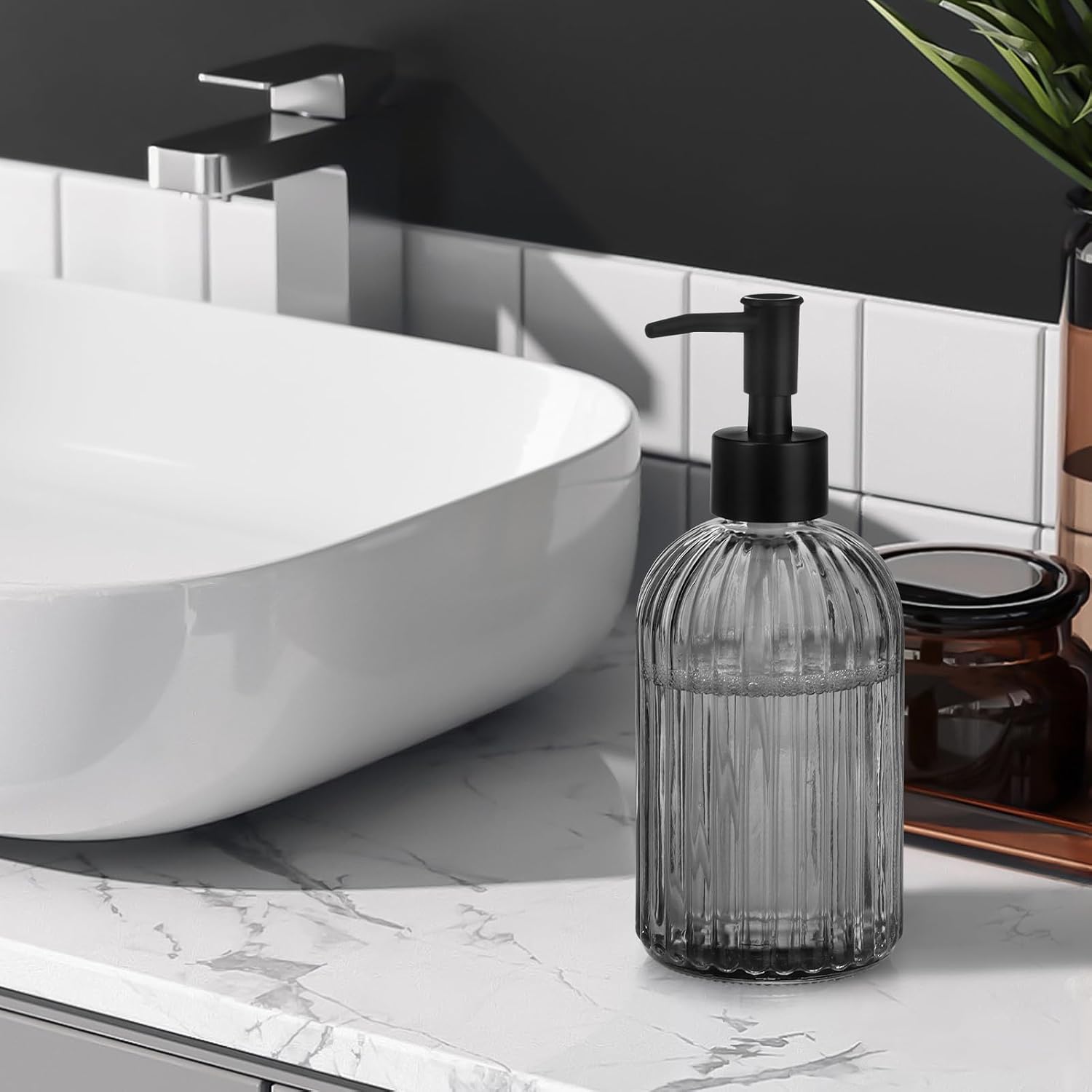 1 Pack 13.5oz Glass Soap Dispenser with Plastic Pump, Vertical Stripe Design Refillable Hand Soap Dispenser for Hand Wash, Bathroom and Kitchen
