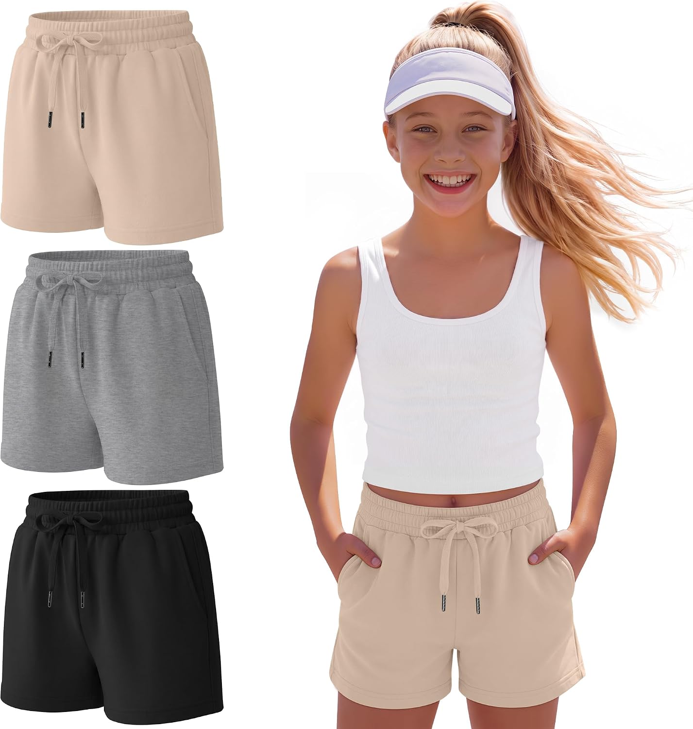 3 Pack Girl's Sweat Shorts Casual Athletic Shorts with Pockets Drawstring Elastic Waist Loose Kids 5-14 Years