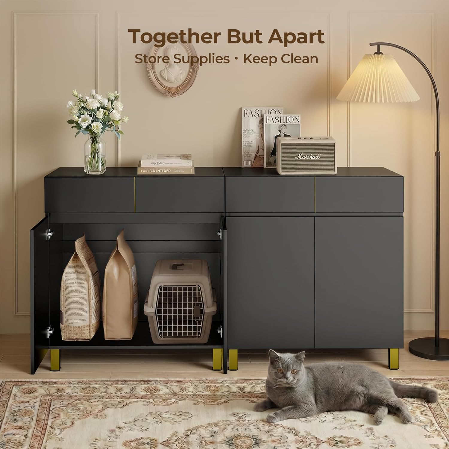Amunrbrek Large/Tall Litter Box Enclosure, Modern Wooden Litter Box Furniture for XL Litterbox with Drawer as Sideboard Cabinet (Black)