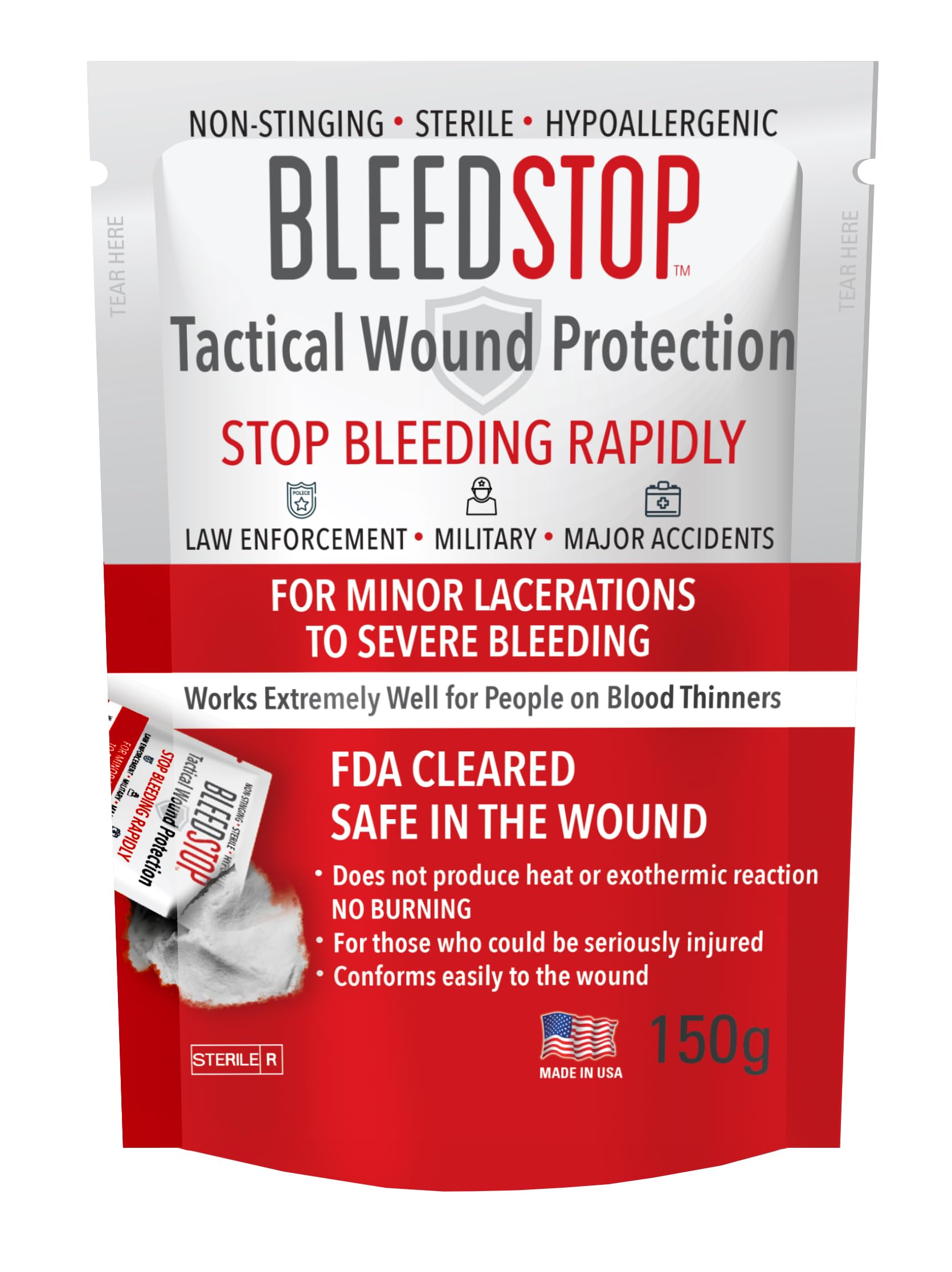 BleedStop First Aid Powder for Blood Clotting, Trauma Kit, Blood Thinner Patients, Camping Safety, and Survival Equipment for Moderate to Severe Bleeding Wounds or Nosebleeds 150 Gram