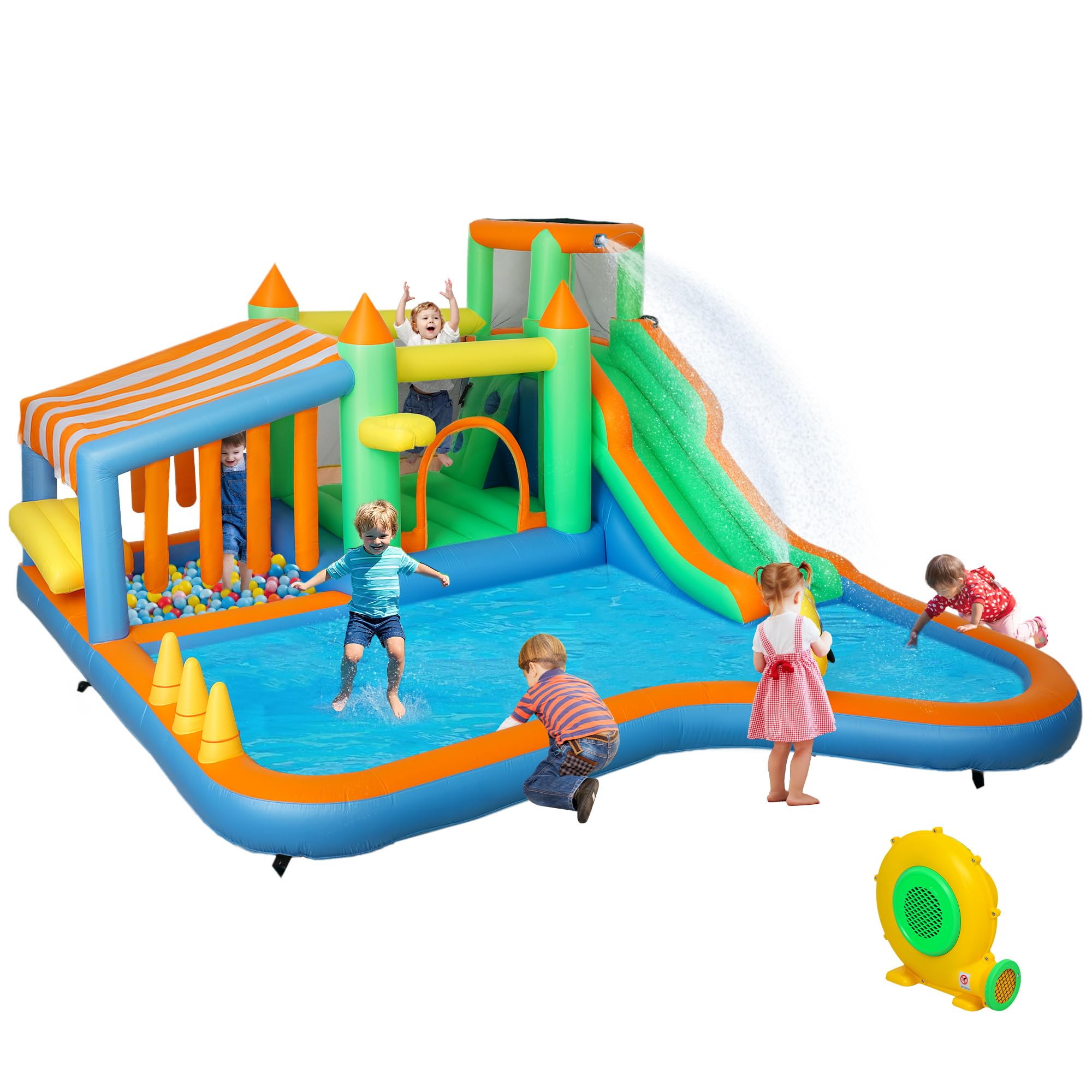 AIYAPLAY Hüpfburg mit Gebläse Wasserrutsche für 3-8 Jahre 360x315x195 cm | Planschbecken, Ballgrube, Kletterwand, Wurfring, Sprung, Basketballkorb, Wasserkanone, Aufblasbare Springburg