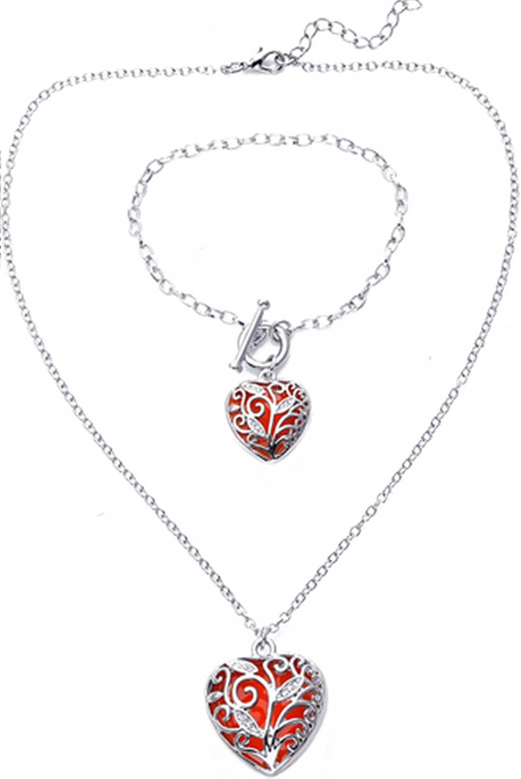 Big Heart Locket Glow in The Dark Necklace and Bracelet Set Polished Jewelry Pendant Steampunk Fairy Magical