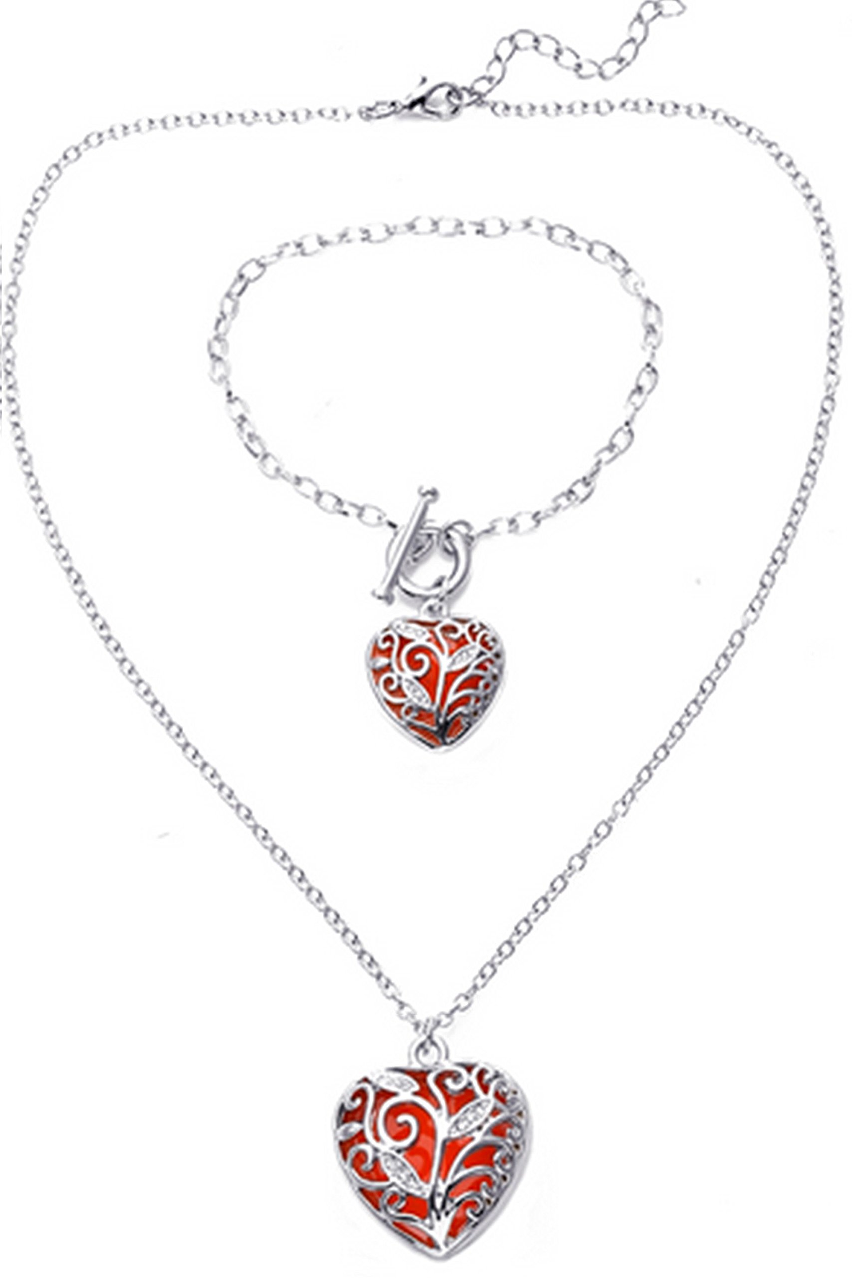 Big Heart Locket Glow in The Dark Necklace and Bracelet Set Polished Jewelry Pendant Steampunk Fairy Magical