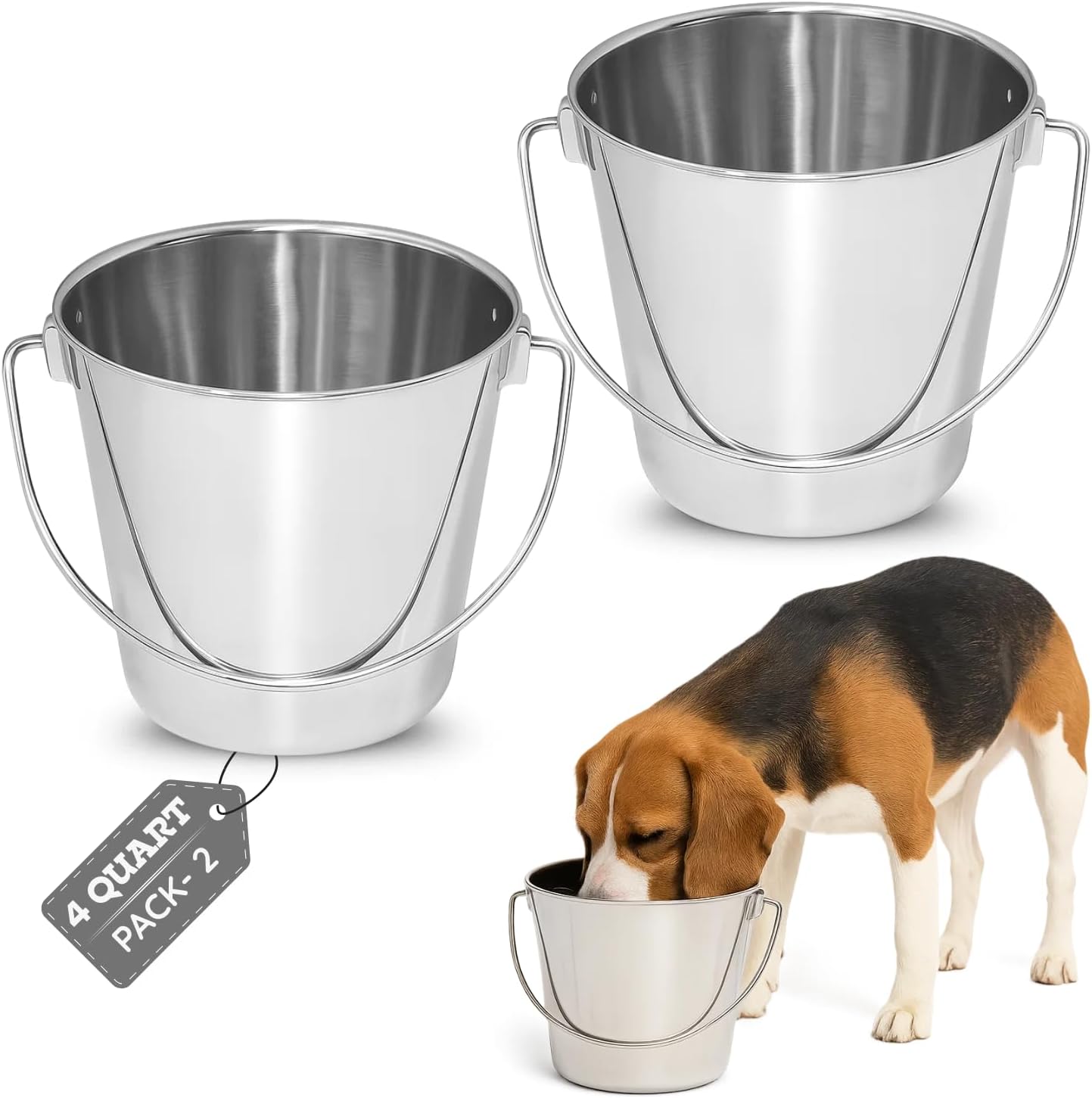 4 Quart Heavy Duty Stainless Steel Round Bucket with Handle | Fits Kennel Cage Critter Crates Farm use | Food & Water Pail for Dogs Cats Goat Pets | Livestock Multipurpose, Pack of 2