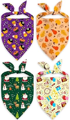 4 Pack Holiday Dog Bandana Halloween Thanksgivng Christmas New Year Pet Scarf Kerchief Christmas Thanksgivng Halloween Adjustable Large