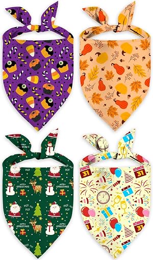 4 Pack Holiday Dog Bandana Halloween Thanksgivng Christmas New Year Pet Scarf Kerchief Christmas Thanksgivng Halloween Adjustable Large