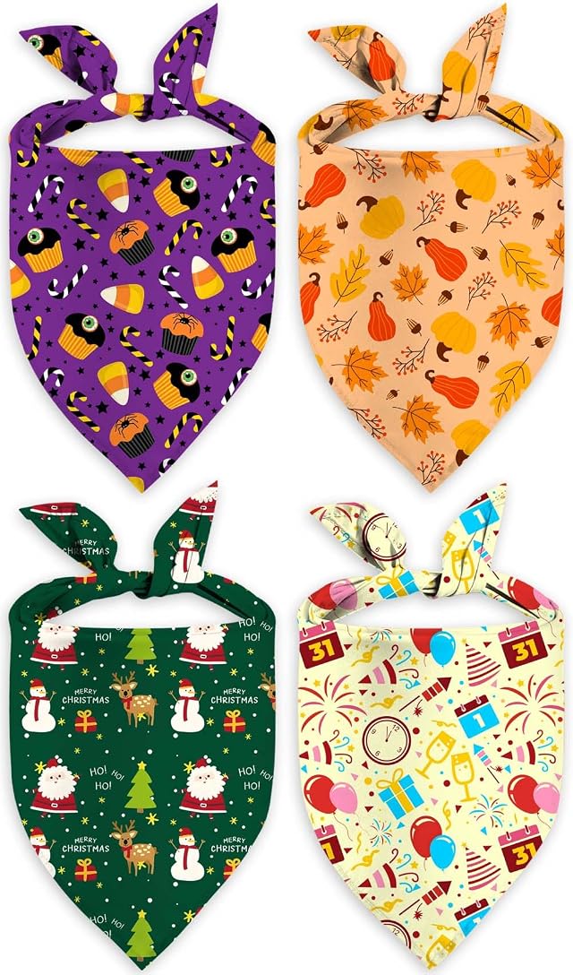 4 Pack Holiday Dog Bandana Halloween Thanksgivng Christmas New Year Pet Scarf Kerchief Christmas Thanksgivng Halloween Adjustable Large