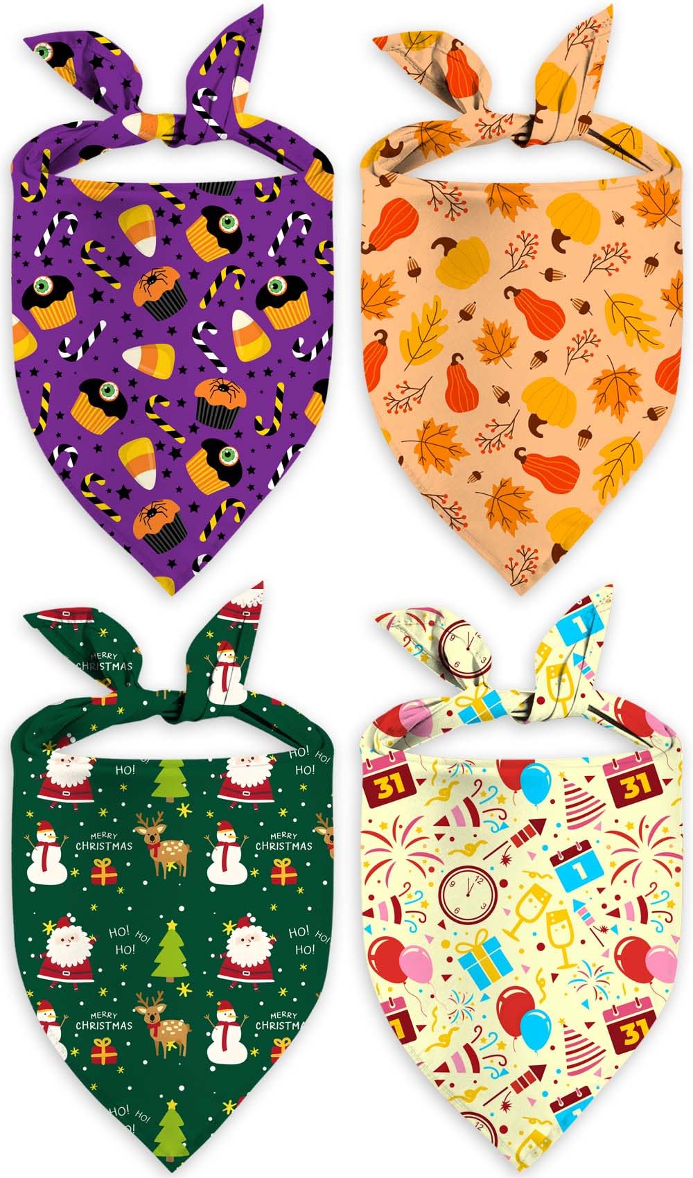 4 Pack Holiday Dog Bandana Halloween Thanksgivng Christmas New Year Pet Scarf Kerchief Christmas Thanksgivng Halloween Adjustable Large