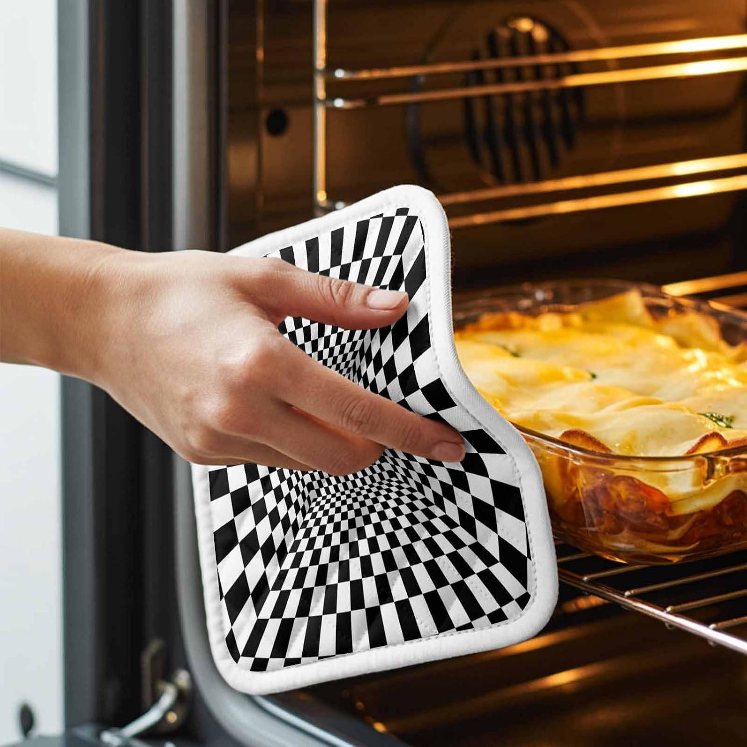 5 Pack Pot Holders for Kitchen, Black White Plaid Hot Pads for Kitchen Countertops Oven Pot Holder Bulk, Modern Abstract Checkered Striped Heat Insulation Potholders with Hanging Loops
