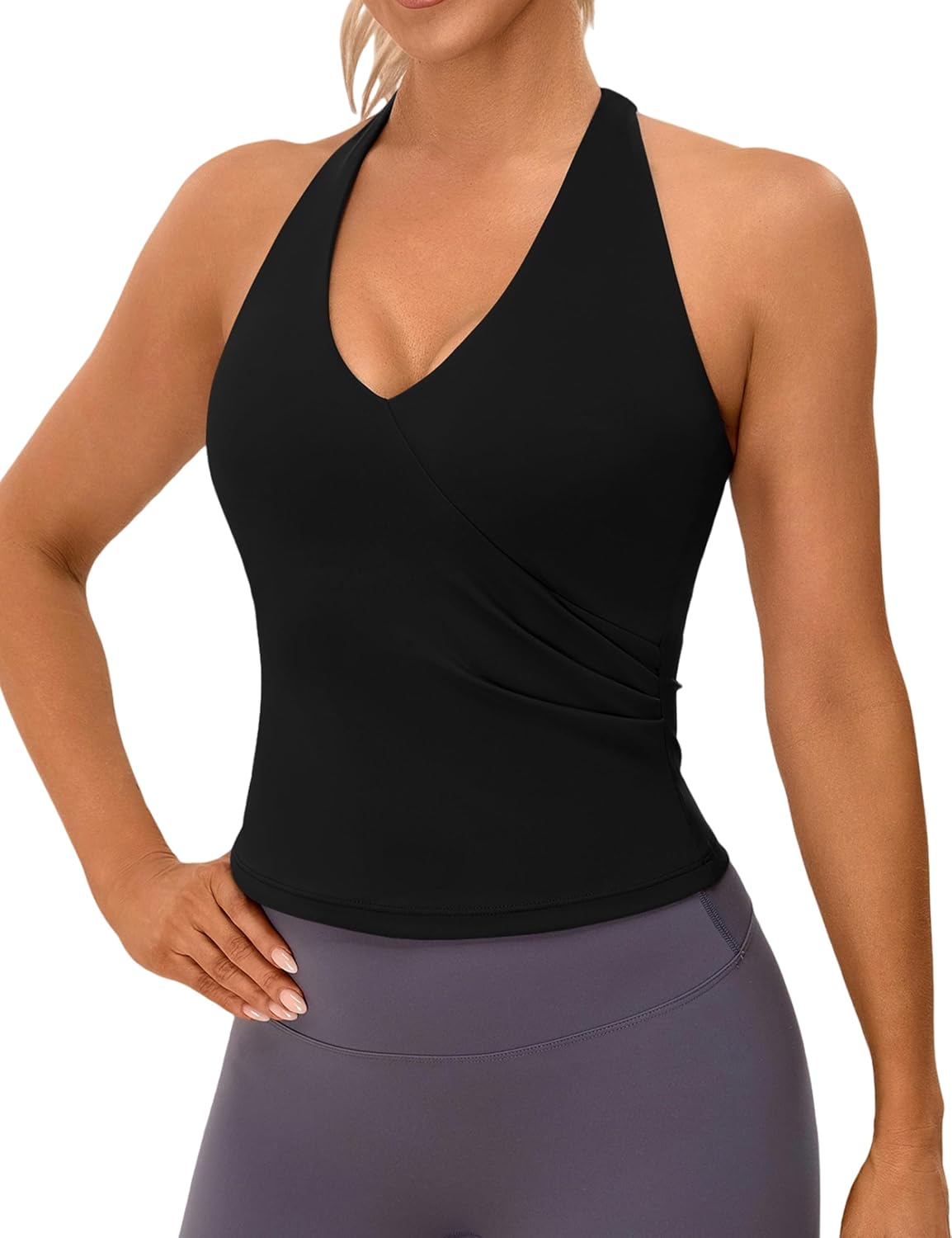 BMJL Womens Halter Workout Top Deep V Neck Gym Built in Bra Open Back Longline Padded Tank Tops Camisole