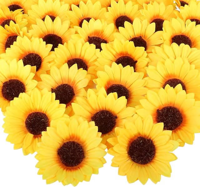 Beferr 50 Pcs Artificial Sunflower Heads 4", Fake Silk Flower Heads Bulk, Large Sun Flower Heads for Wedding, Party, Home, Garden Decoration, DIY Crafts, Cakes, Wreaths, Flower Wall (Yellow)