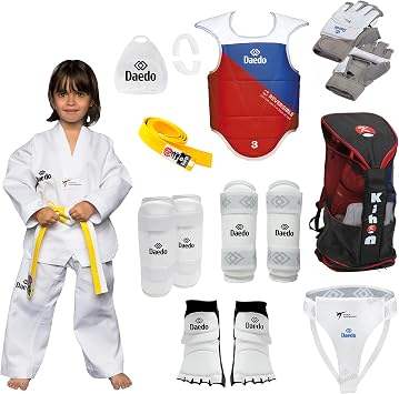 DAEDO Taekwondo 10 Pc. Starter Set with Bag for Women, Sparring Gear Bundle with Uniform Belt