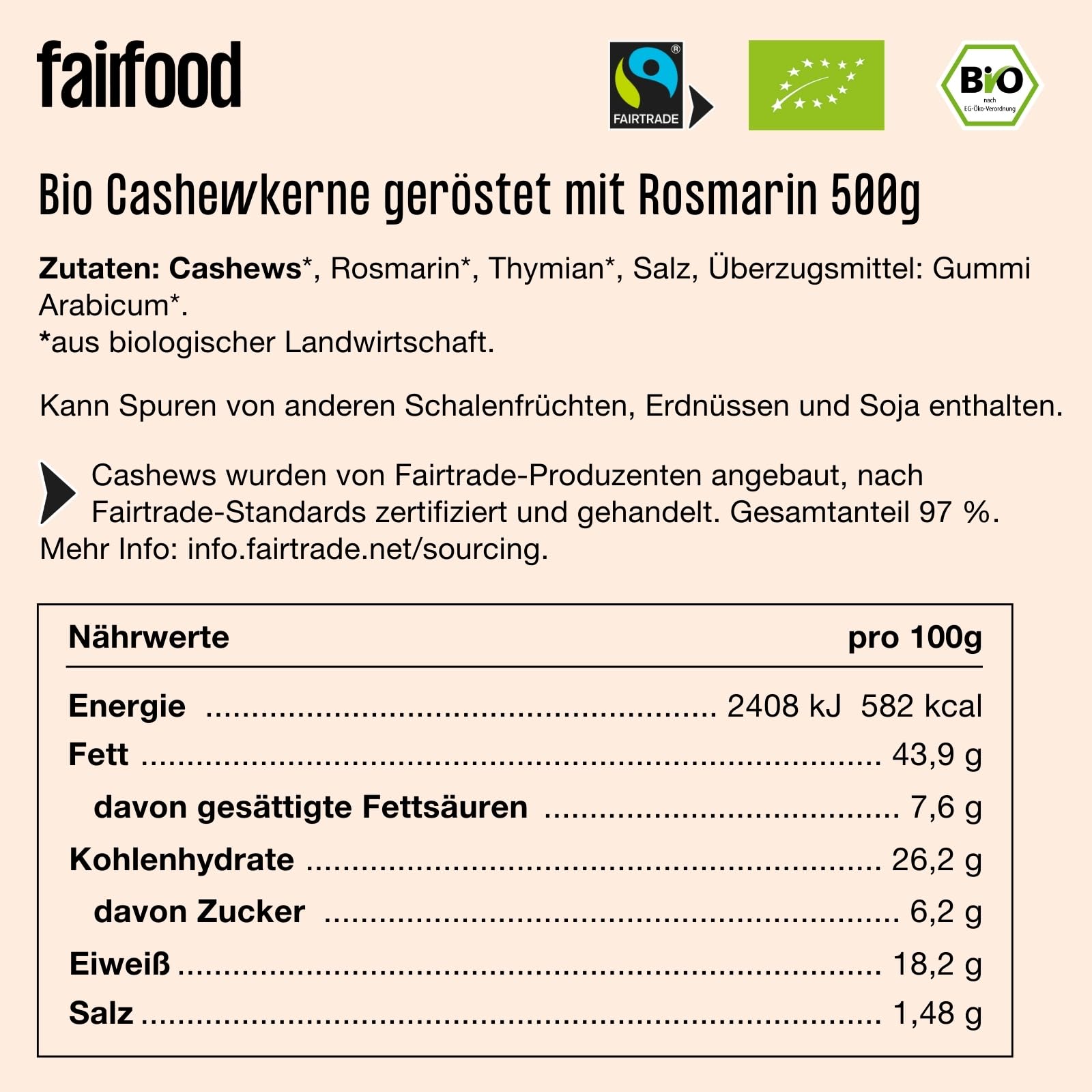 fairfood Bio Cashewkerne Rosmarin & Thymian 500g - Geröstet in Freiburger Manufaktur - fair geknackt im Anbauland - aus kontrolliert biologischer Landwirtschaft