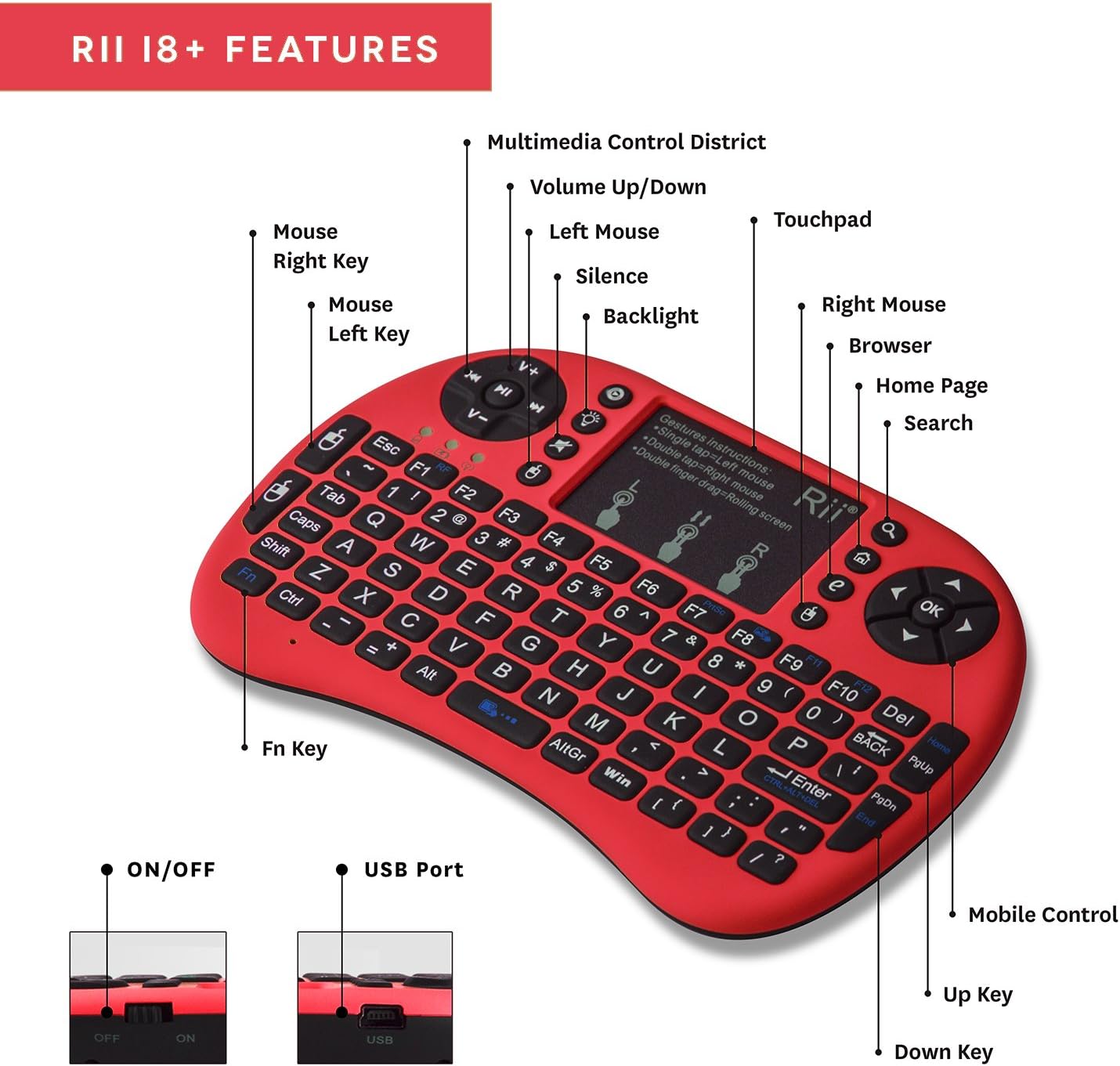 Rii i8+ Mini Wireless 2.4G Backlight Touchpad Keyboard with Mouse for PC/Mac/Android, Red (mwki8+)