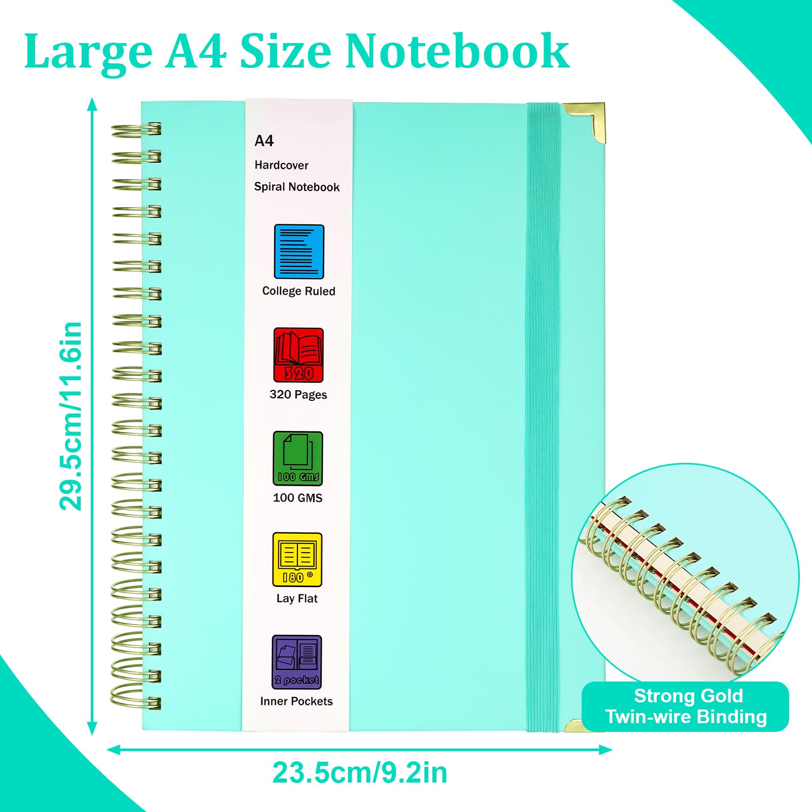 JIANTA Notatnik A4 w linie, A4 Blok na kółkach z linią – 320 stron, Bullet Journal 100GSM, 5 przegródek, twarda okładka niebieska, notes uniwersytecki w linię do biura, szkoły, uniwersytetu, pracy