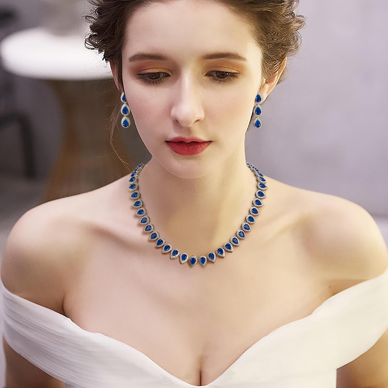 EleQueen Women's Silver-Tone Full Prong Cubic Zirconia Teardrop Bridal Necklace Earrings Set