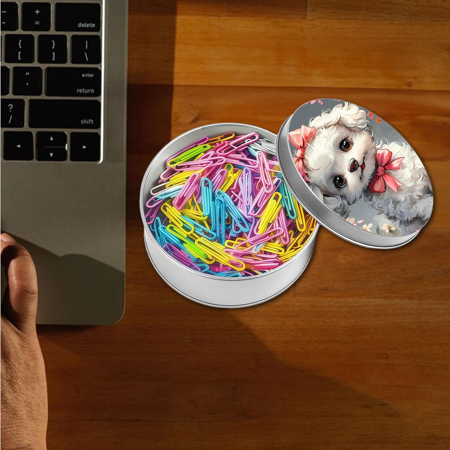 Decorative Round Metal Tin Box, Cute White Puppy with Bows Small Storage Container with Lid for Jewelry, Candy, Crafts & Travel, 3.54"x1.38" Aesthetic Keepsake Gift Box image 5
