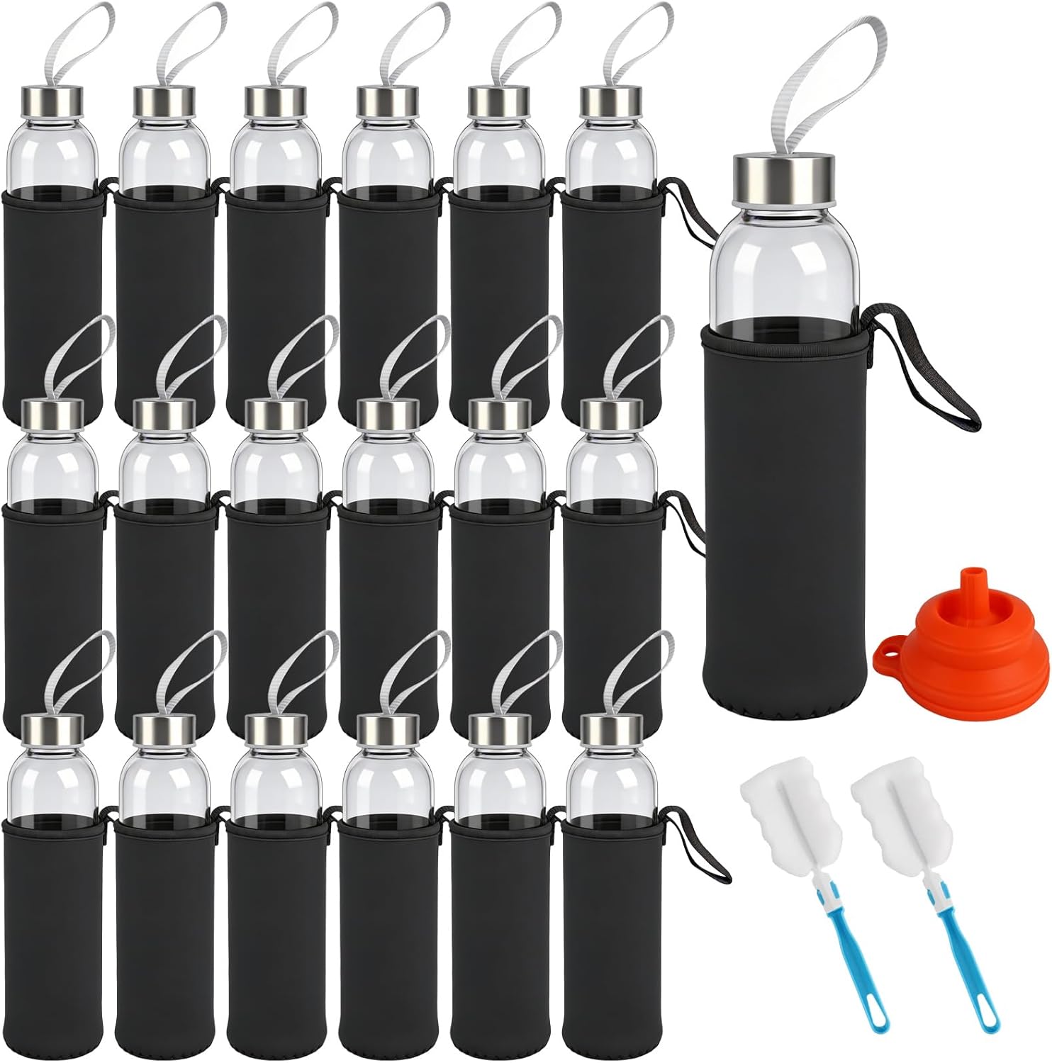 18 Pcs 18 oz Clear Glass Water Bottles Set with Cleaning Brushes and Funnel, Stainless Steel Lids and Protection Sleeve Reusable Glass Juicing Bottles for Milk, Smoothie, Juice (Black)