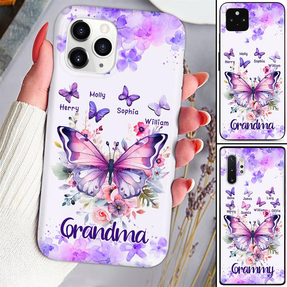 Godashop Personalized Watercolor Floral Pastel Grandma Butterfly with Custom Kids, Gifts for Mother's Day Phone Case for Women, Grandma, Mama, Nana,