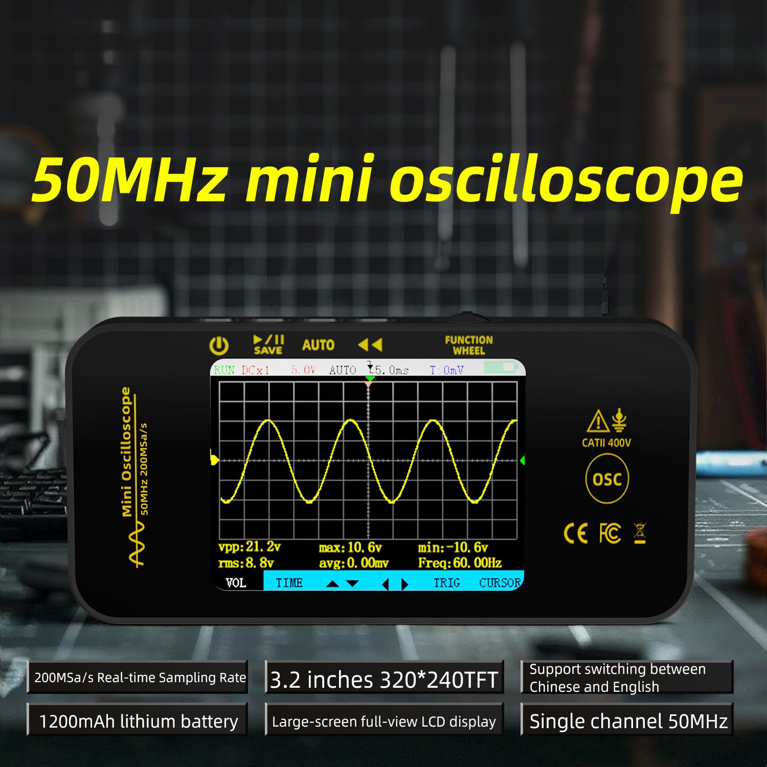 BSIDE OT5 Handheld Oszilloskop 50MHz Bandbreite Digitale Oszilloskope 3.2'' TFT Display Tragbares Oszilloskope Automotive Oszilloskop 200MSa/s Abtastrate Trigger Funktion Auto/Nomal/Single