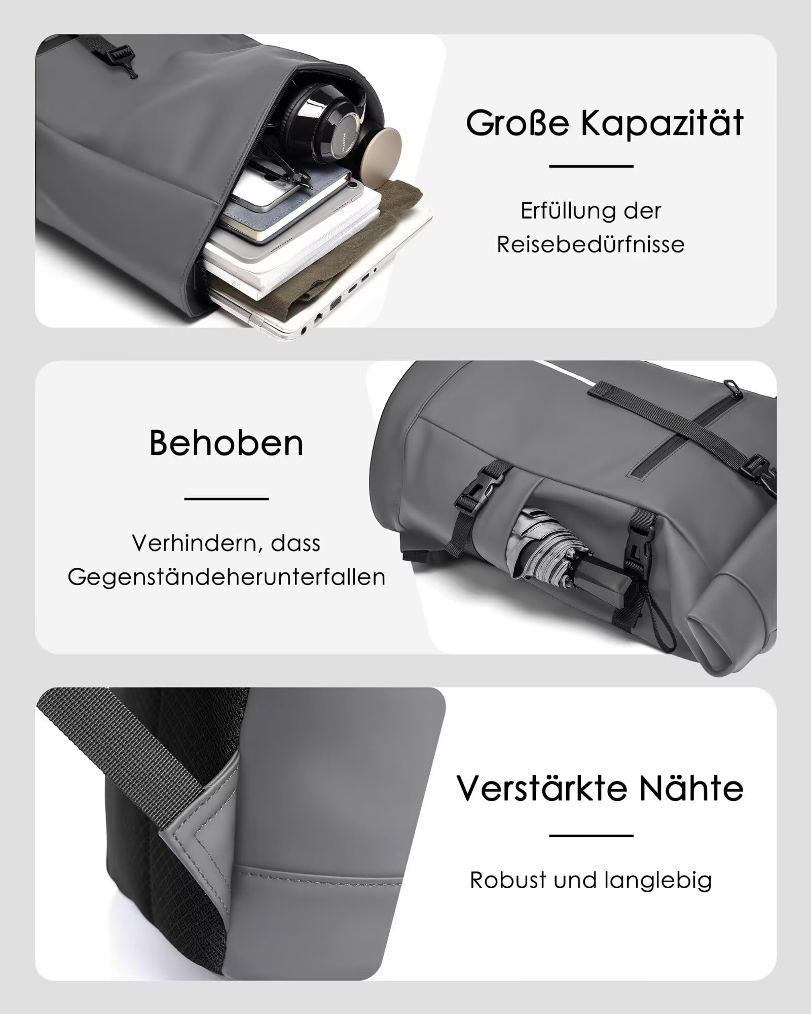 Rolltop Rucksack Herren Wasserdicht Grau Laptop Rucksack mit 17 Zoll Laptopfach Fahrradrucksack Schulrucksack Tagesrucksack Einfaches Design für Uni Freizeit Sport Reisen,Grey