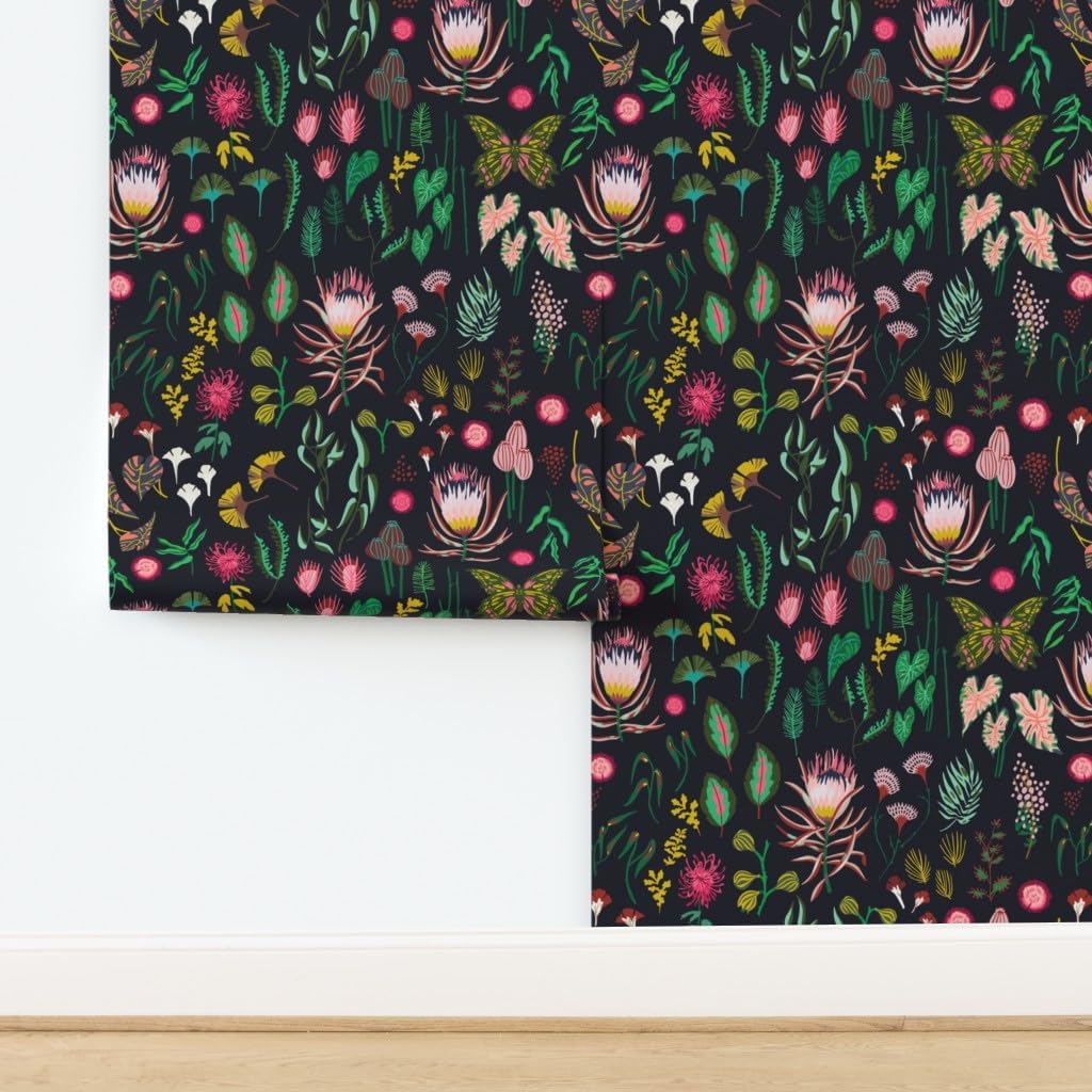 Peel & Stick Wallpaper 3ft x 2ft - Leaf Floral Study Dark Large Flowers Botanical Tropical Black Nature Custom Removable Wallpaper by Spoonflower