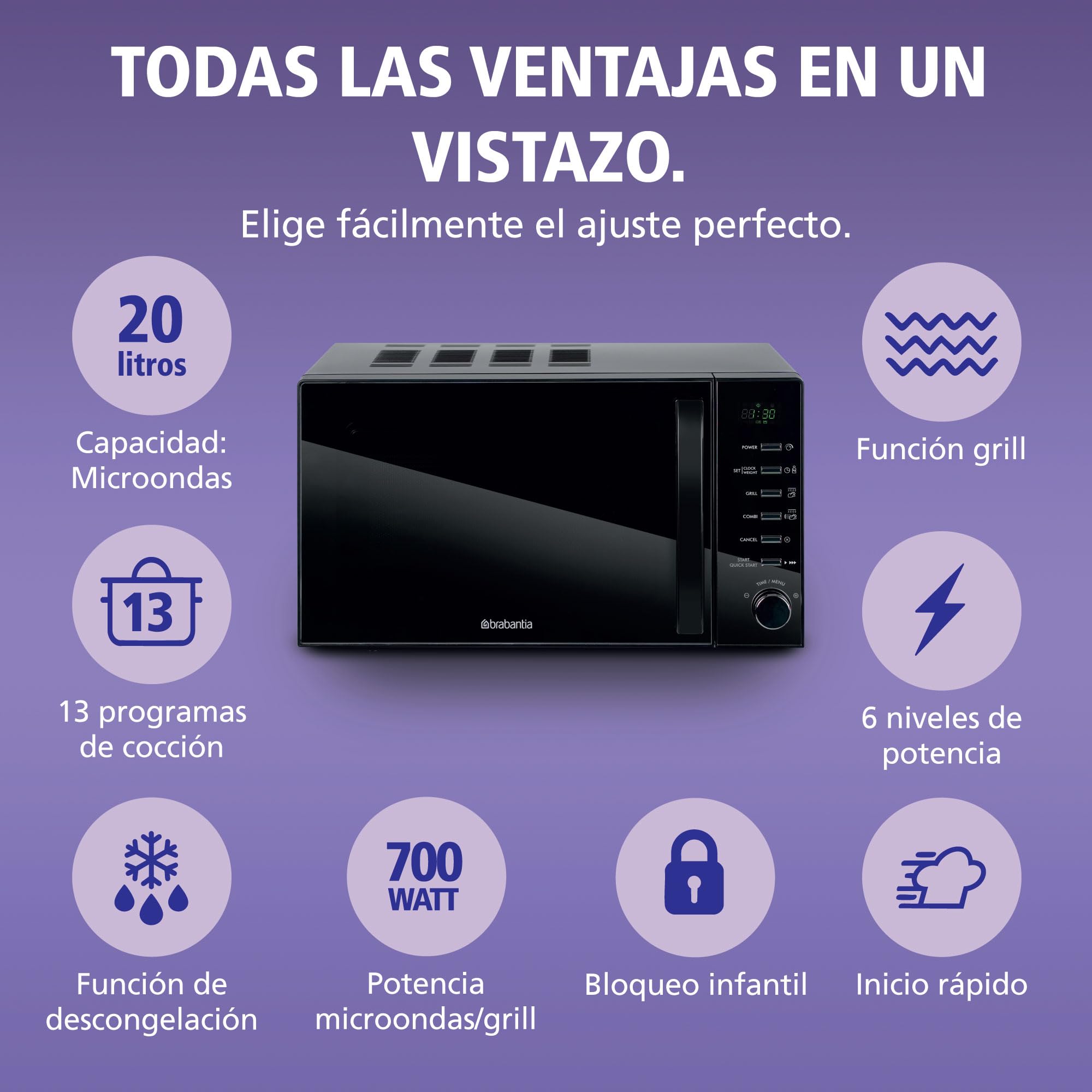 Microondas Brabantia con Función Grill, 20 Litros, Libre Instalación, 13 Programas Automáticos, 6 Niveles de Potencia, Temporizador Digital, Gran Capacidad, 700W, Negro, BBEK1145DG