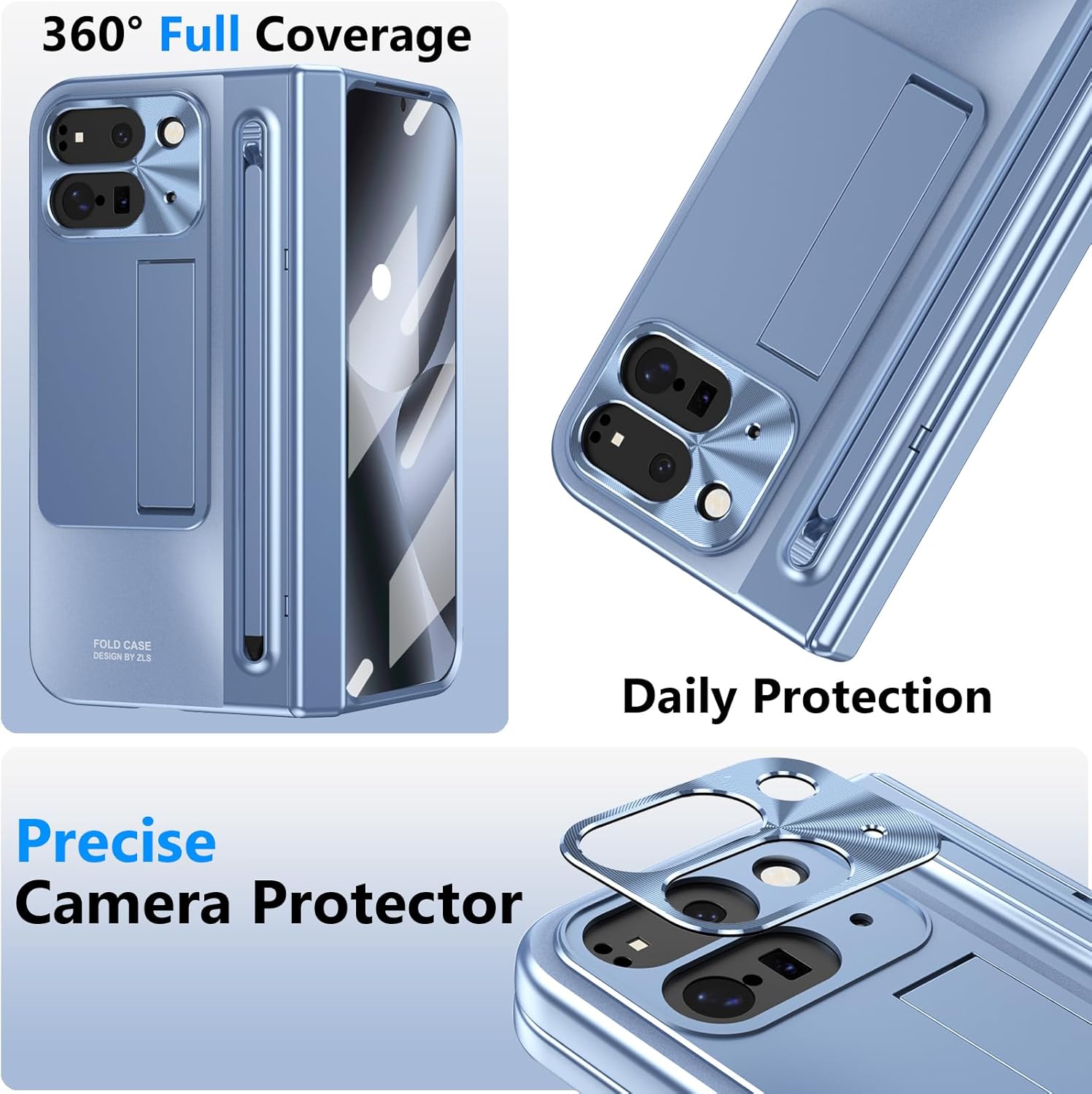 for Google Pixel 10 Pro Fold Case with Pen Holder & Stylus, All-Inclusive Phone Case with Hinge Protector, Screen Protector, Kickstand, Slim PC Protective Cover for Google Pixel 10 Pro Blue