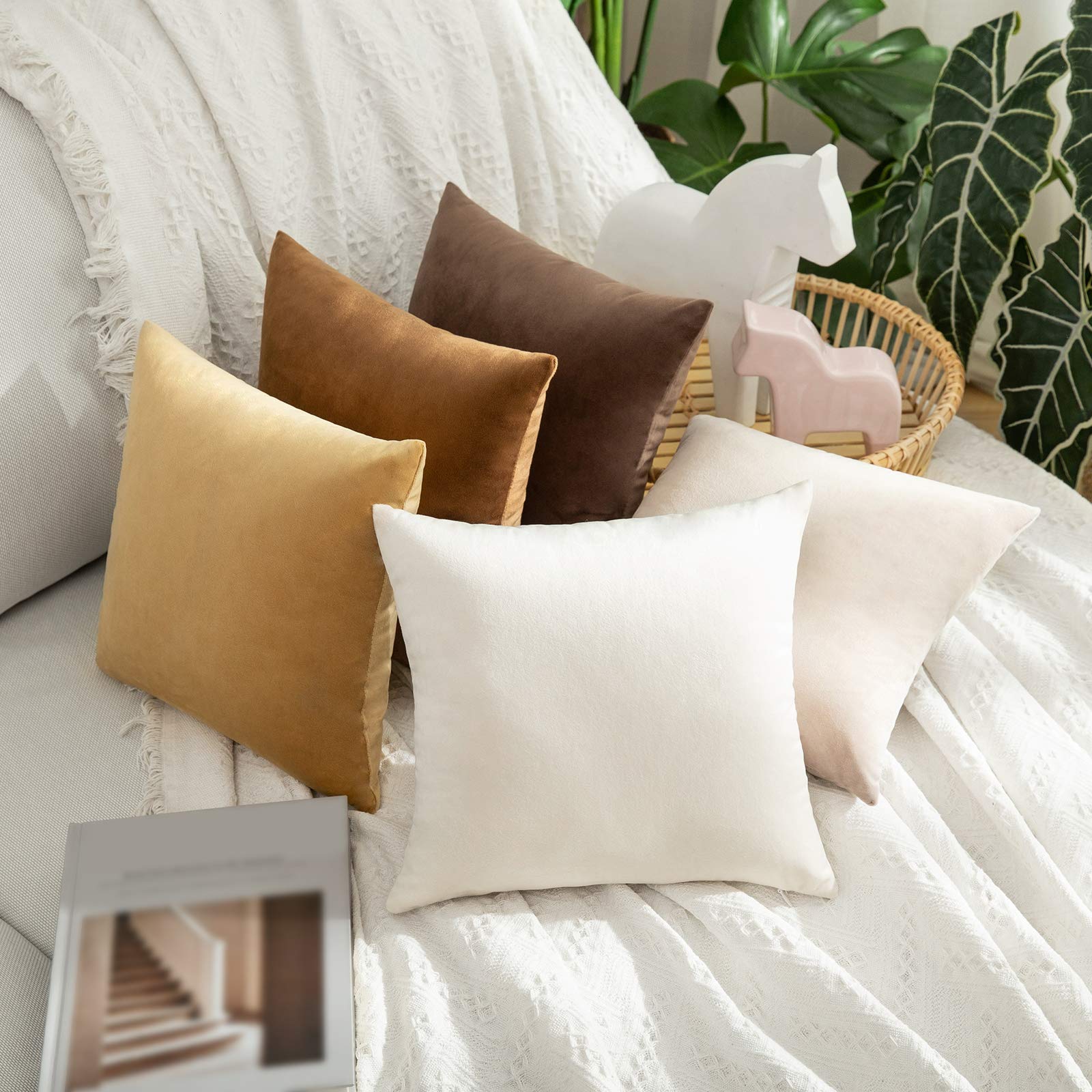 MIULEE Pack of 2 Velvet Pillow Covers Decorative Square Pillowcase Soft Solid Cushion Case for Sofa Bedroom Car 14 x 14 Inch Khaki