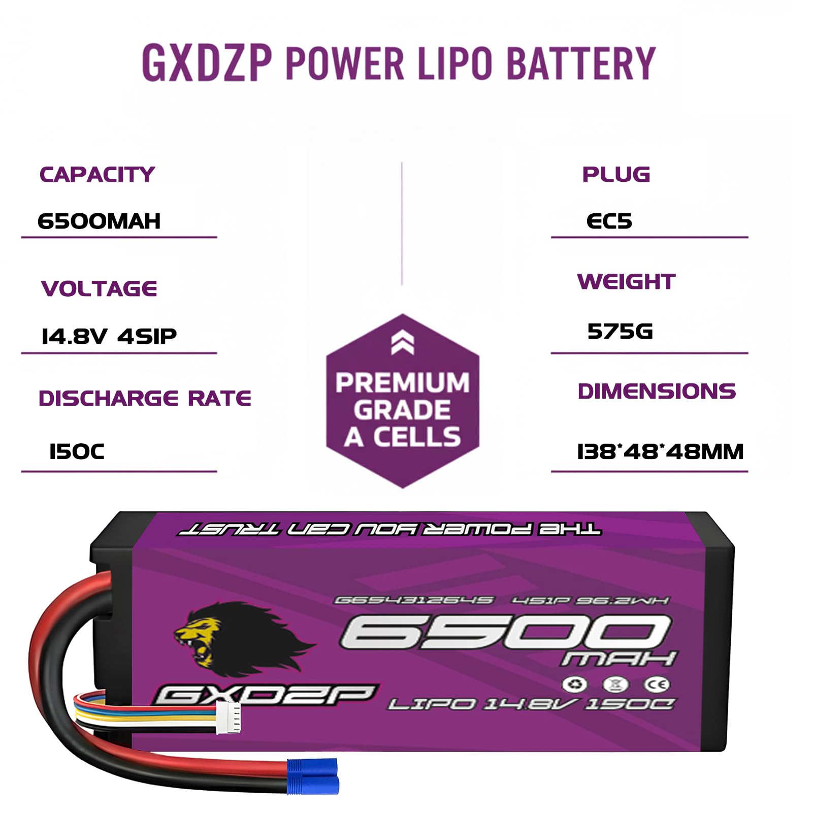 2 Batterie LiPo 4S 6500mAh 14.8V 150C EC5 Pack Doppio Massima Potenza Hardcase Custodia Rigida per Auto Buggy Camion Truggy Aereo Drone FPV RC Scala 1/10 1/8 Radiocomandato Modellismo Racing