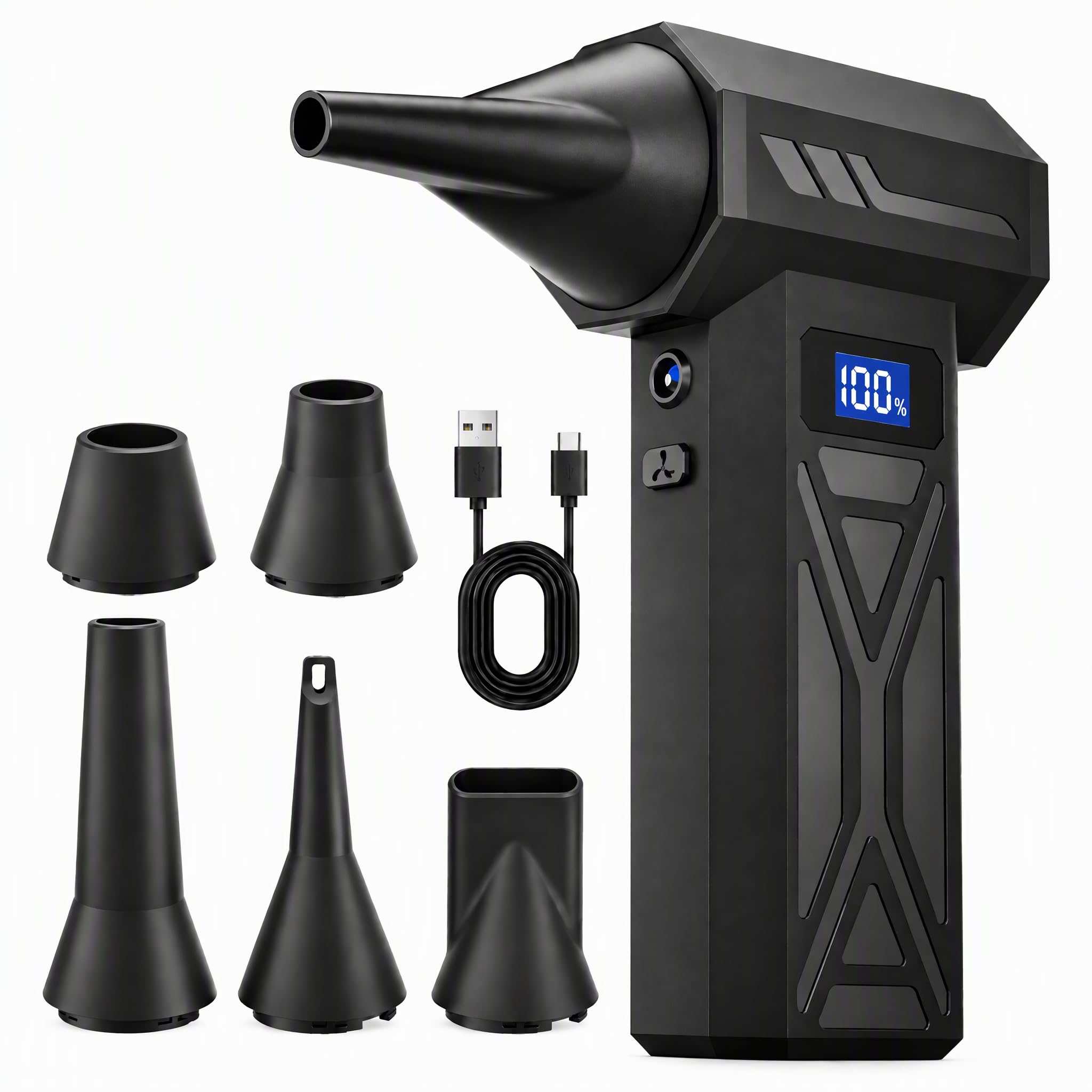 JERVOXAL Staubgebläse Akku, 110.000 U/min, 4 Stufen, 5 Düsen | Air Duster mit 40 m/s, bis 160 g Schubkraft, LED, Display & 4000-mAh-Akku für PC, Tastatur, Auto und aufblasbare Artikel.