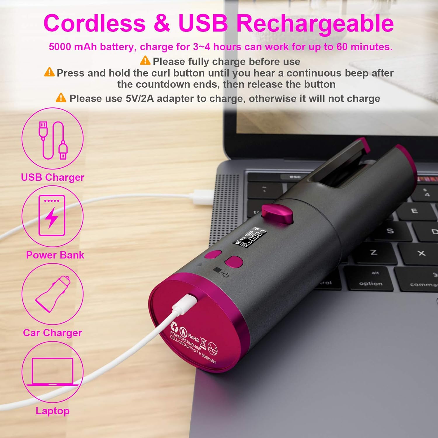 Fezax Cordless Auto Hair Curler, Automatic Curling Iron with LCD Display Adjustable Temperature & Timer, Portable Rechargeable Rotating Ceramic Barrel Curling Wand Fast Heating for Hair Styling : Beauty & Personal Care