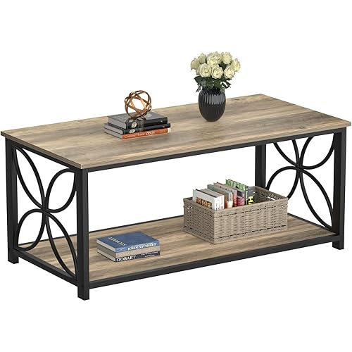 GreenForest Coffee Table, Living Room Tables with 2-Tier Storage Shelf, 39 inch Center Table with Flower-Shaped Frame, Farmhouse Coffee Tables for Living Room, Mid Century Modern Table, Grey Wash