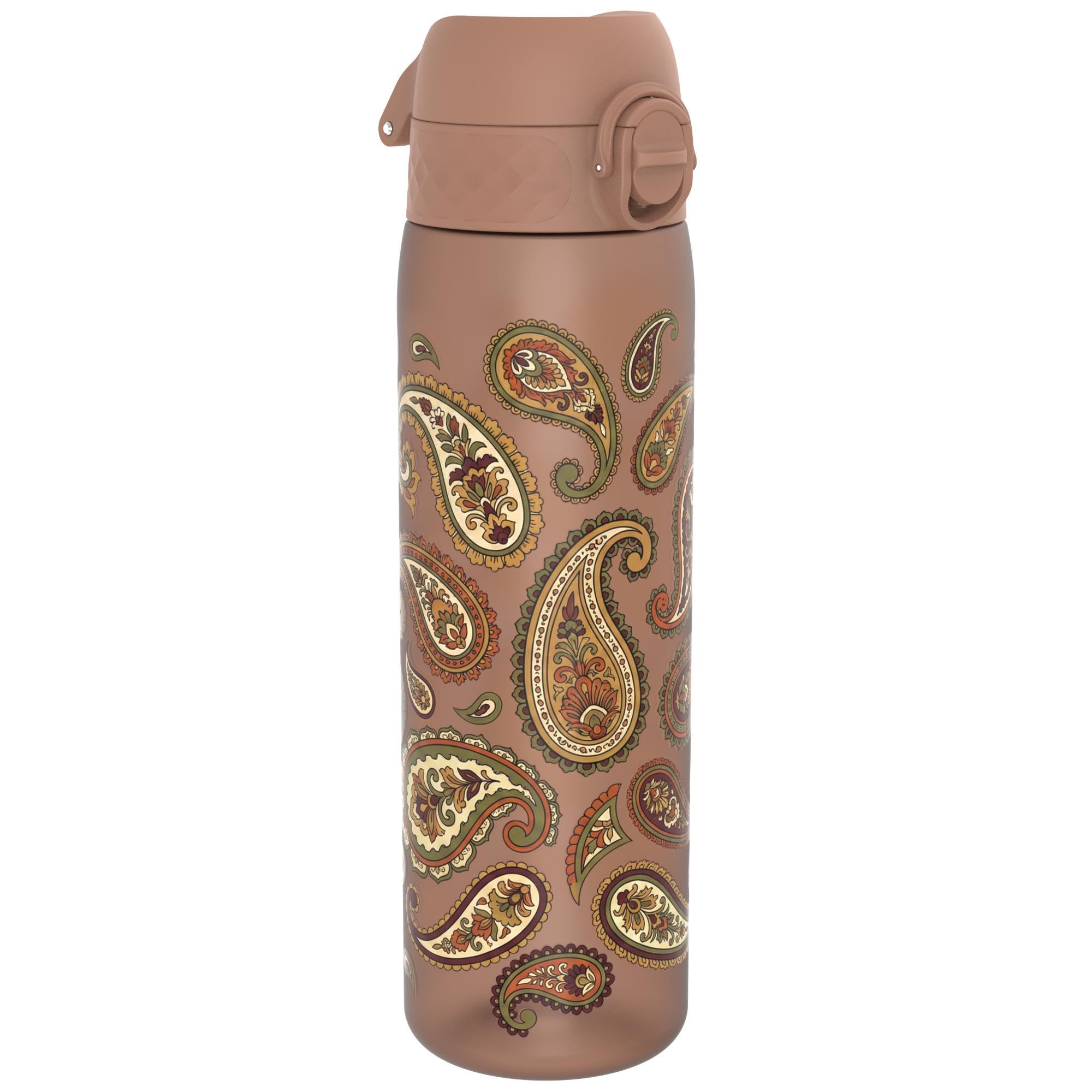 Ion8 Water Bottle, 500 ml/18 oz, Leak Proof, Easy to Open, Secure Lock, Dishwasher Safe, BPA Free, Hygienic Flip Cover, Carry Handle, Fits Cup Holders, Easy Clean, Carbon Neutral, Paisley