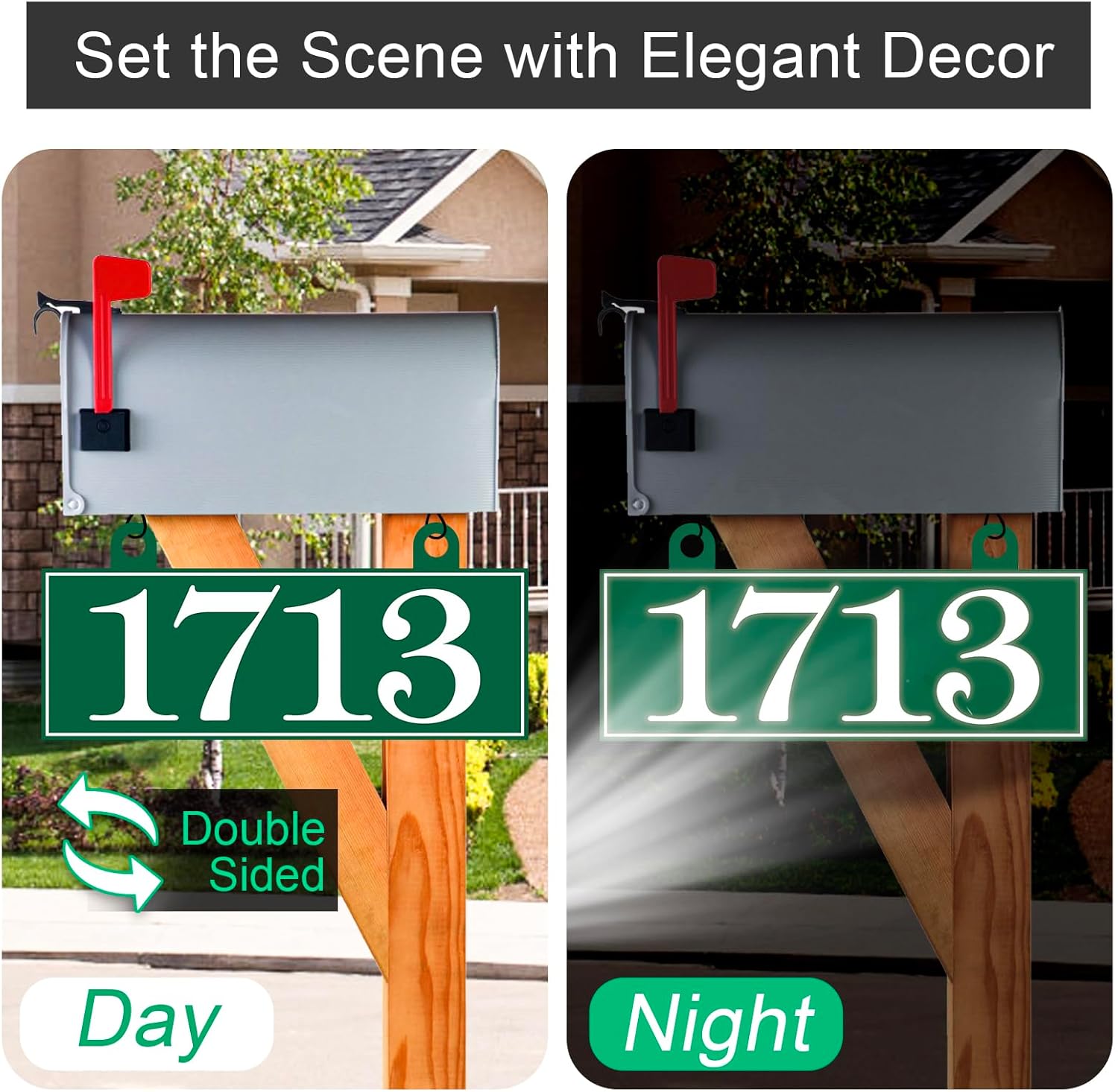 Hanging Address Plaque - Custom House Number Sign,Address Sign,Address Numbers for Outside Mailbox,Lamp,Light Post - Reflective 2 Hooks Double Sided 13'' x 6'', Black/Gold
