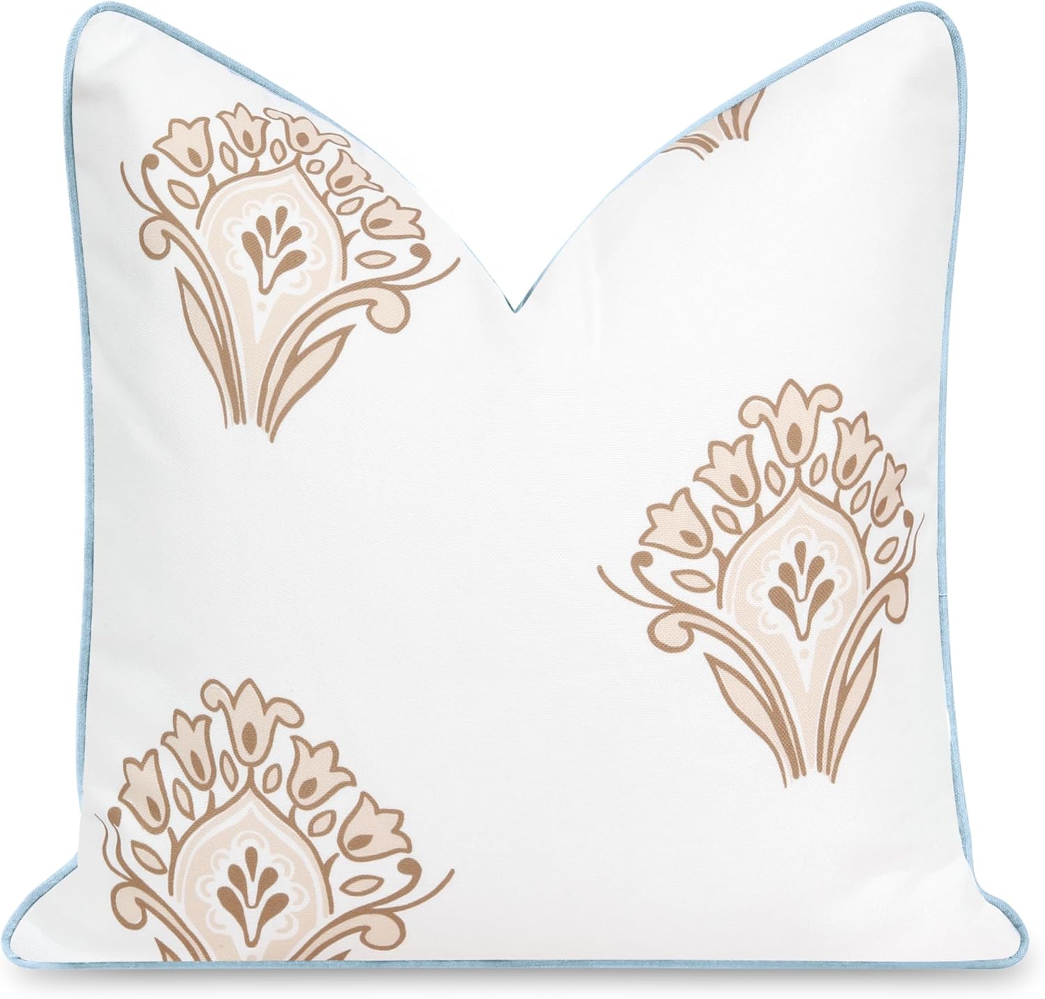 Hofdeco Premium Coastal Patio Indoor Outdoor Throw Pillow Cover Only, 20"x20" Water Repellent for Backyard, Couch, Baby Blue Tan Floral with Piping