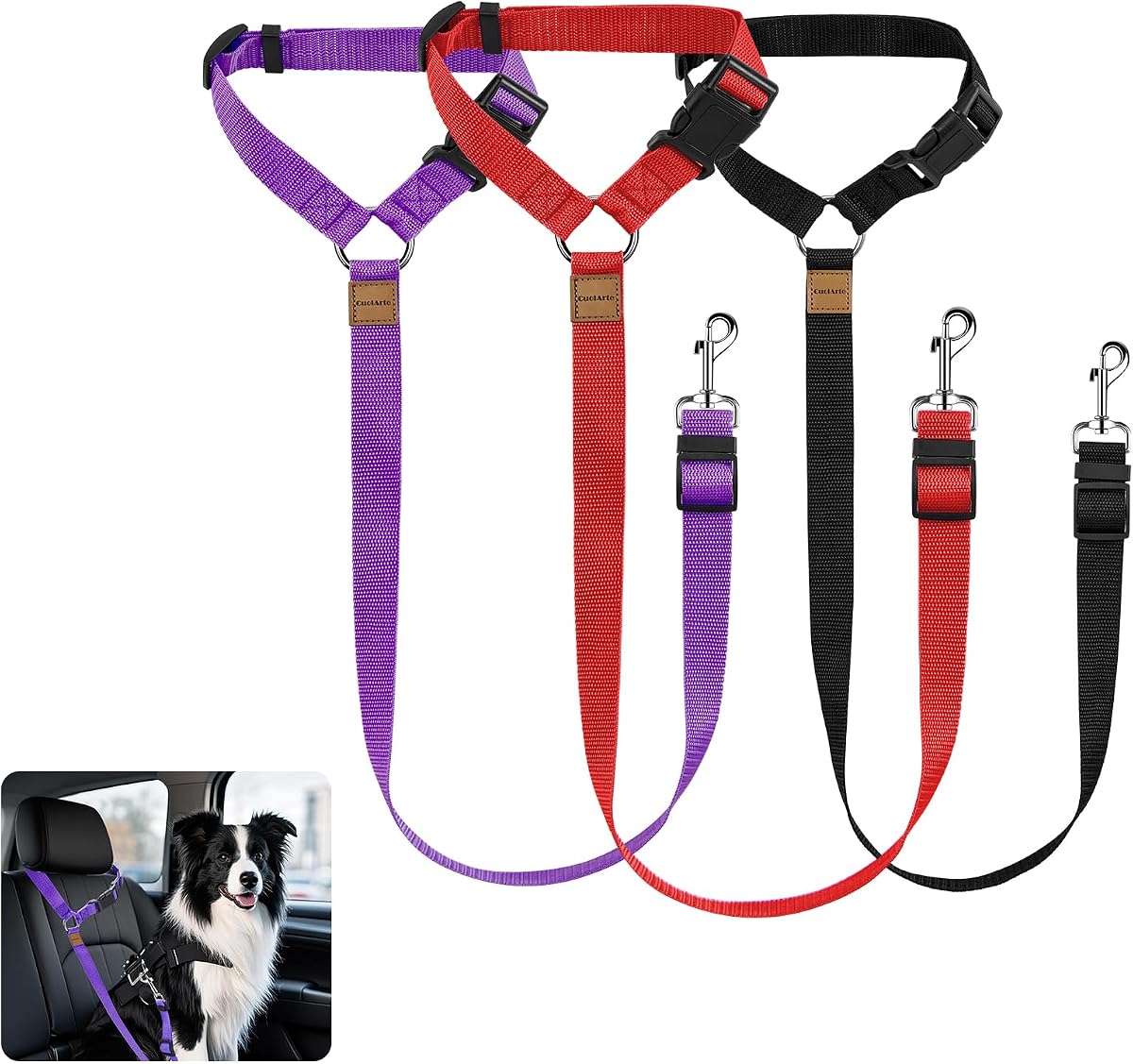Paquete de 3 cinturones de seguridad para perros para automóvil, reposacabezas de automóvil, tela de nailon ajustable, correas para perros, arnés para cinturones de seguridad para vehículos (negro, rojo y morado)