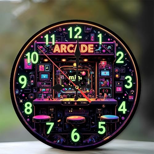 Lancholy Mini reloj arcade retro de arte neón de madera de 10 pulgadas, movimiento silencioso, funciona con pilas (AA pilas no incluidas),