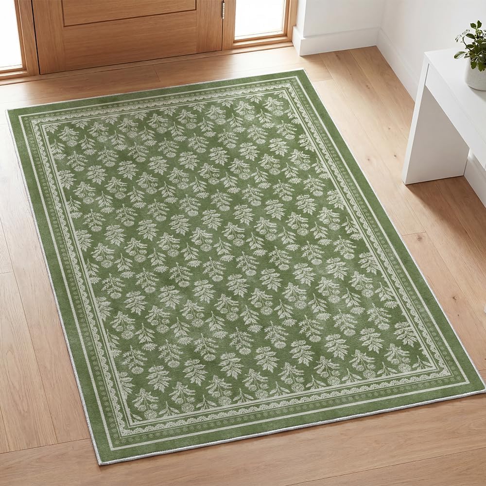 Artoid Mode Green Rustic Floral Spring Area Rug, Summer Home Decor Low-Profile Non-Slip Washable Large Rug for Living Room Bedroom Farmhouse Dining Room Kids Playroom 5x7 Feet