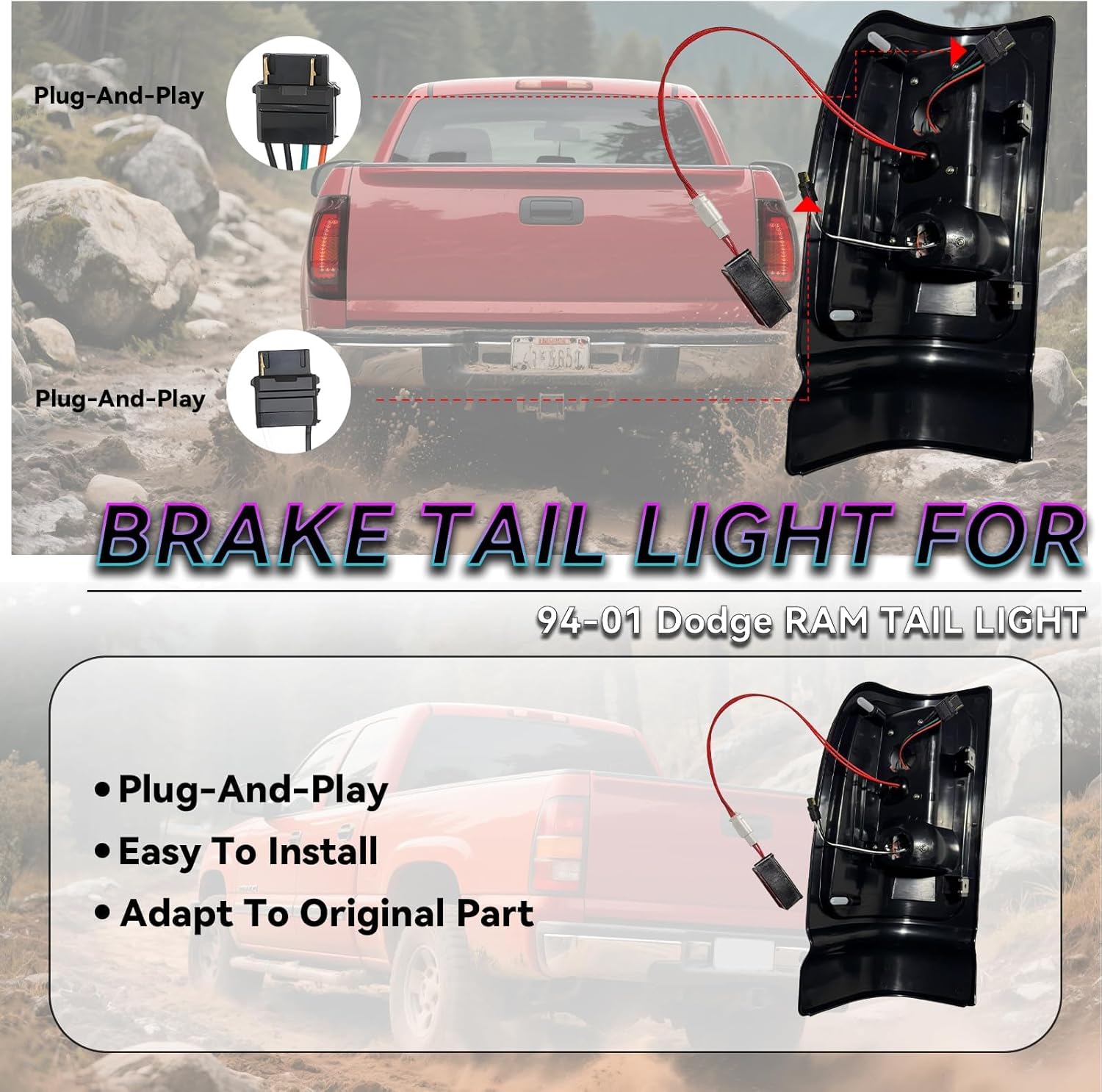 All-in-one LED Tail Light+3rd Brake Light for Dodge RAM 1500 1994-2001, Ram 2500 3500 1994-2002, Upgraded VersionRear Taillight Assembly,55055264AC，55055265AC