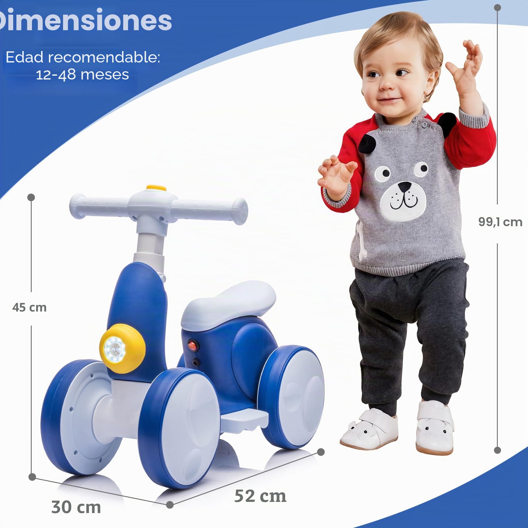 Bicicleta sin Pedales Eléctrica con Máquina de Pompas para Niños y Niñas de 1 a 4 Años, Juguetes Bebés 4 en 1 para 12-48 Meses con Música, Luces LED, Regalo para Cumpleaños, Navidad, Azul-Blanco
