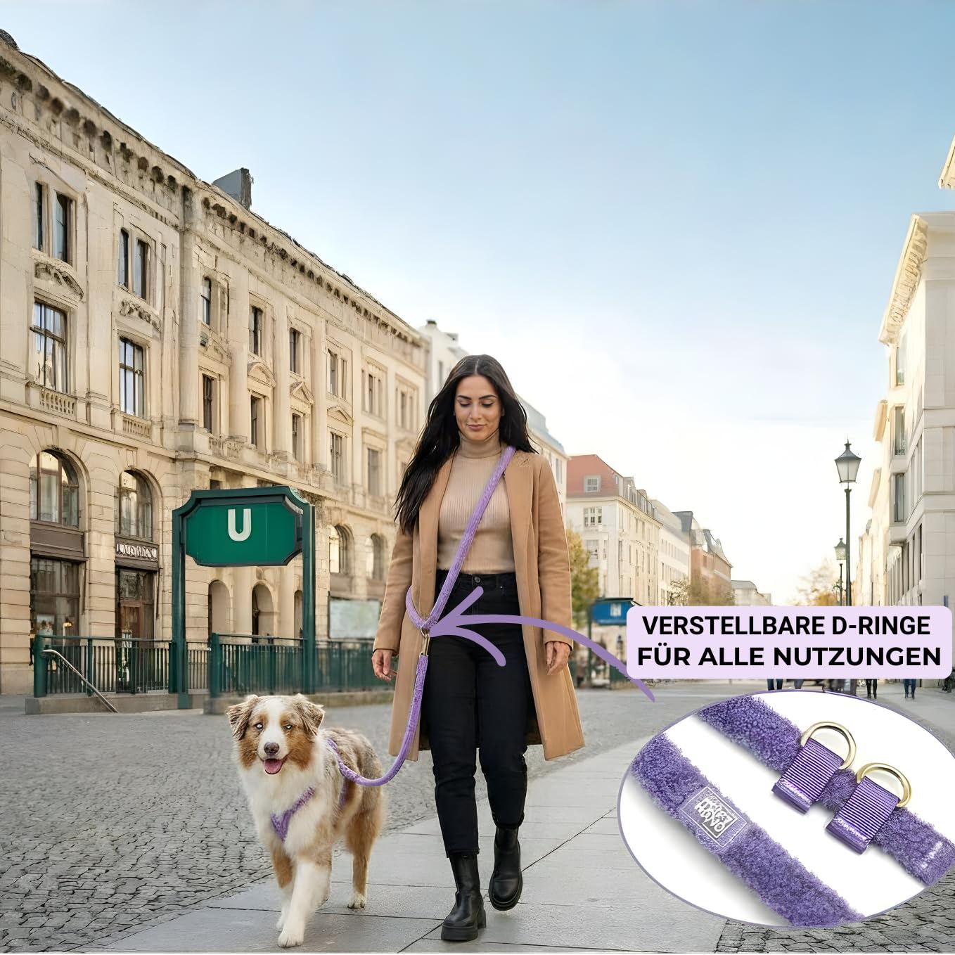 Hundegeschirr Set mit Hands-Free Leine – Gepolstertes Y Brustgeschirr für Hunde aus Teddy-Stoff, 4-Fach verstellbar, Anti-Zug Laufgeschirr zum Joggen & Spazieren für kleine & große Hunde (Lila, M)
