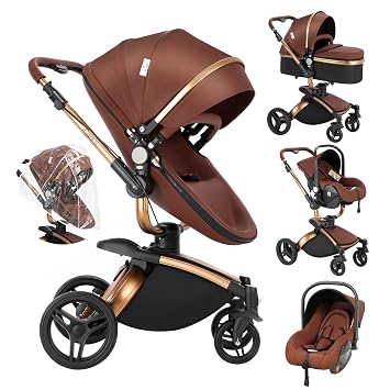 PU Leather Pushchair 3-in-1 360° Rotating Seat Foldable Pushchair Set Aluminium High Landscape Baby Pram Comfortable Multifunctional Combination Pram 3-in-1 Complete Set (906 Brown)