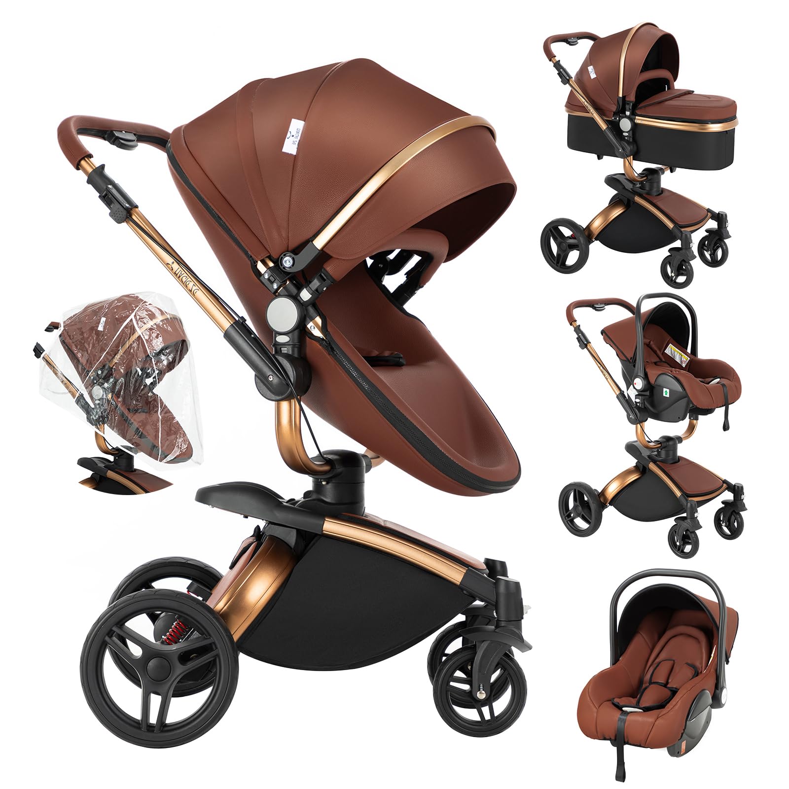 Veitoalioy PU Pelle Passeggino 3 in 1 Trio Neonati, 360° Sedile Girevole 3 in 1 Passeggini Per Neonato, Carrozzino multifunzione, Passeggino Pieghevole (906 Brown)